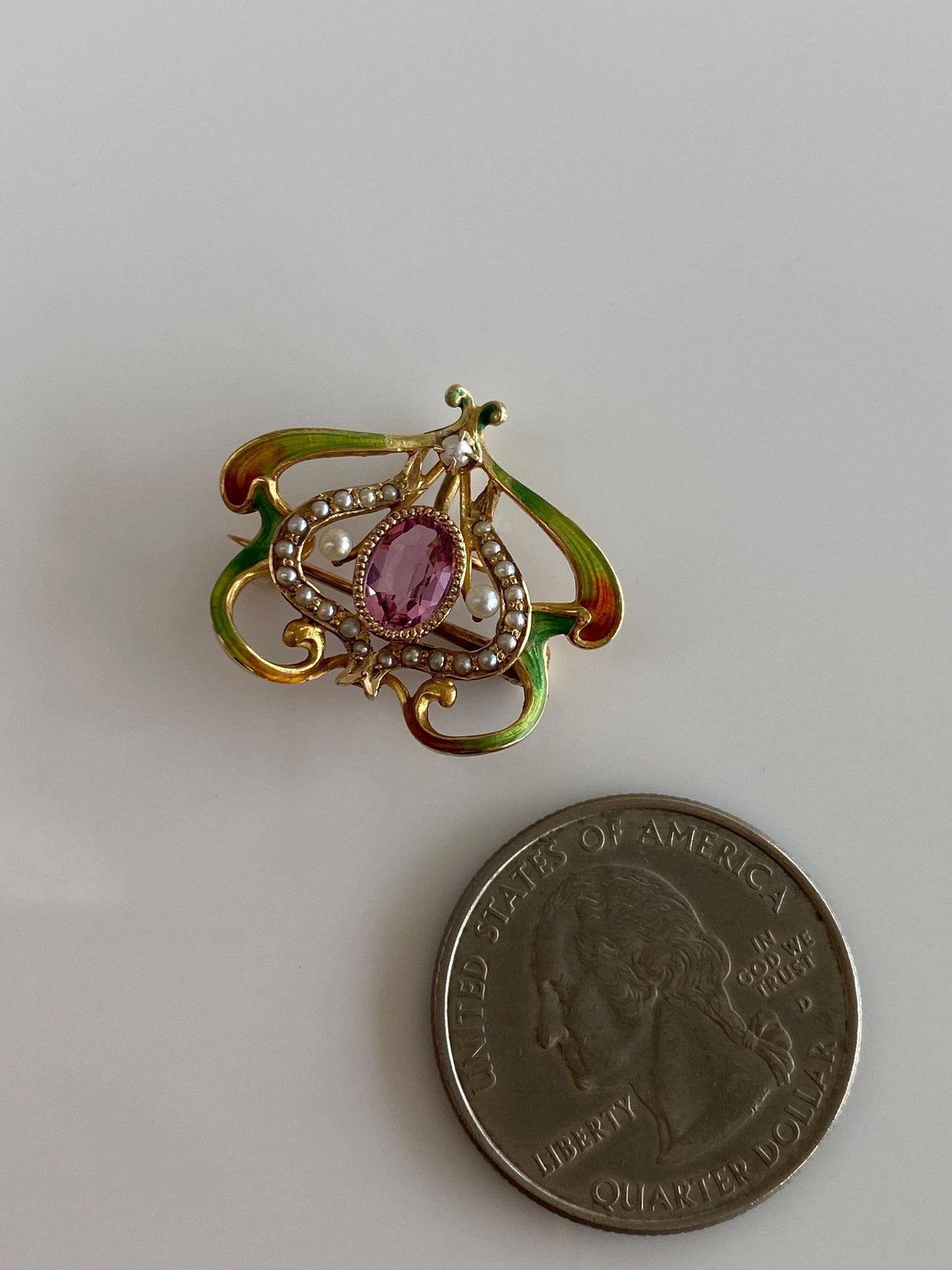 Vintage Solid 18k Yellow Gold Enamel Pink Tourmaline Seed Pearls Brooch Pin