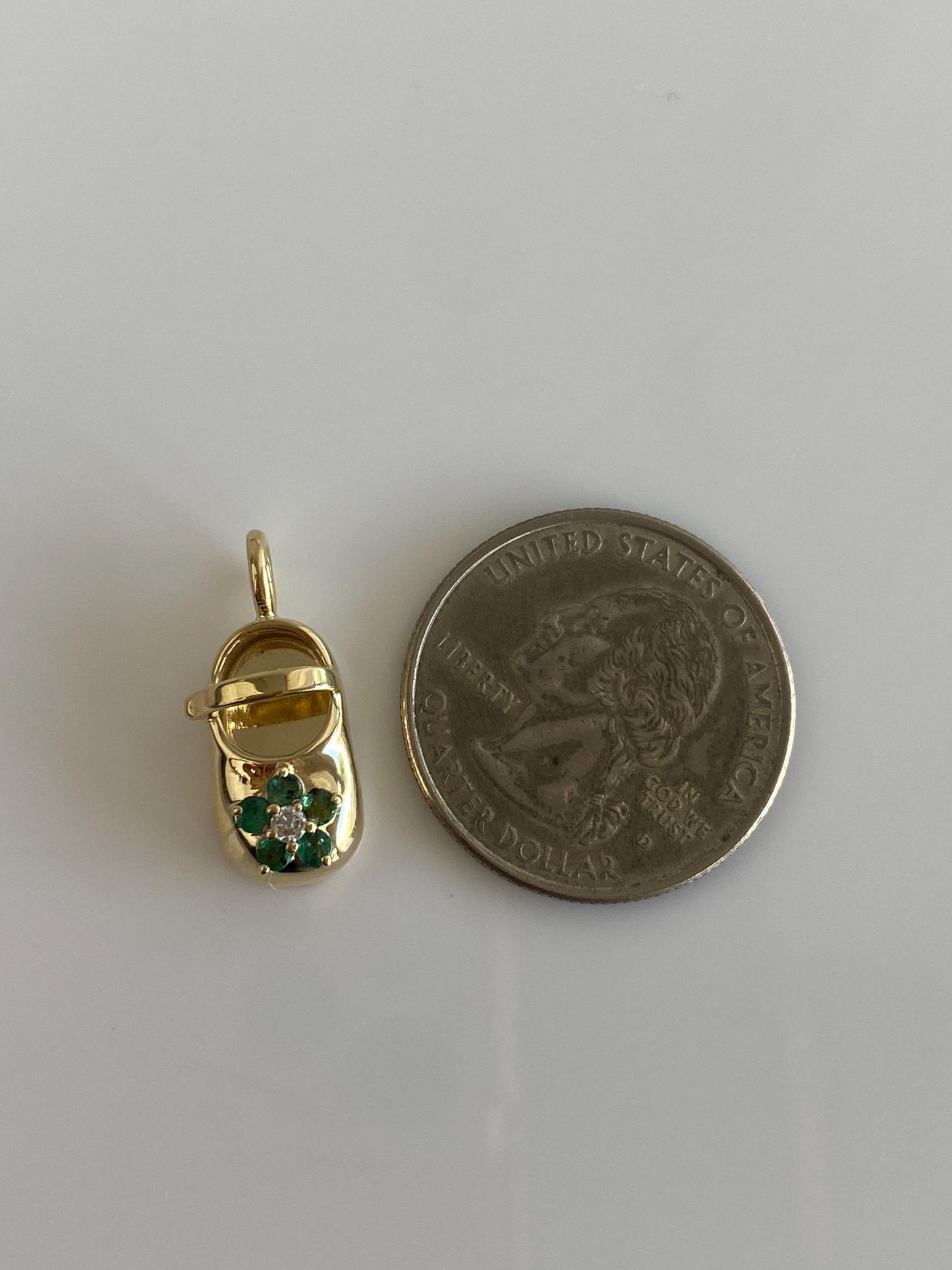 Vintage Solid 14k Yellow Gold Diamond Emerald Maryjane Baby Shoe Charm
