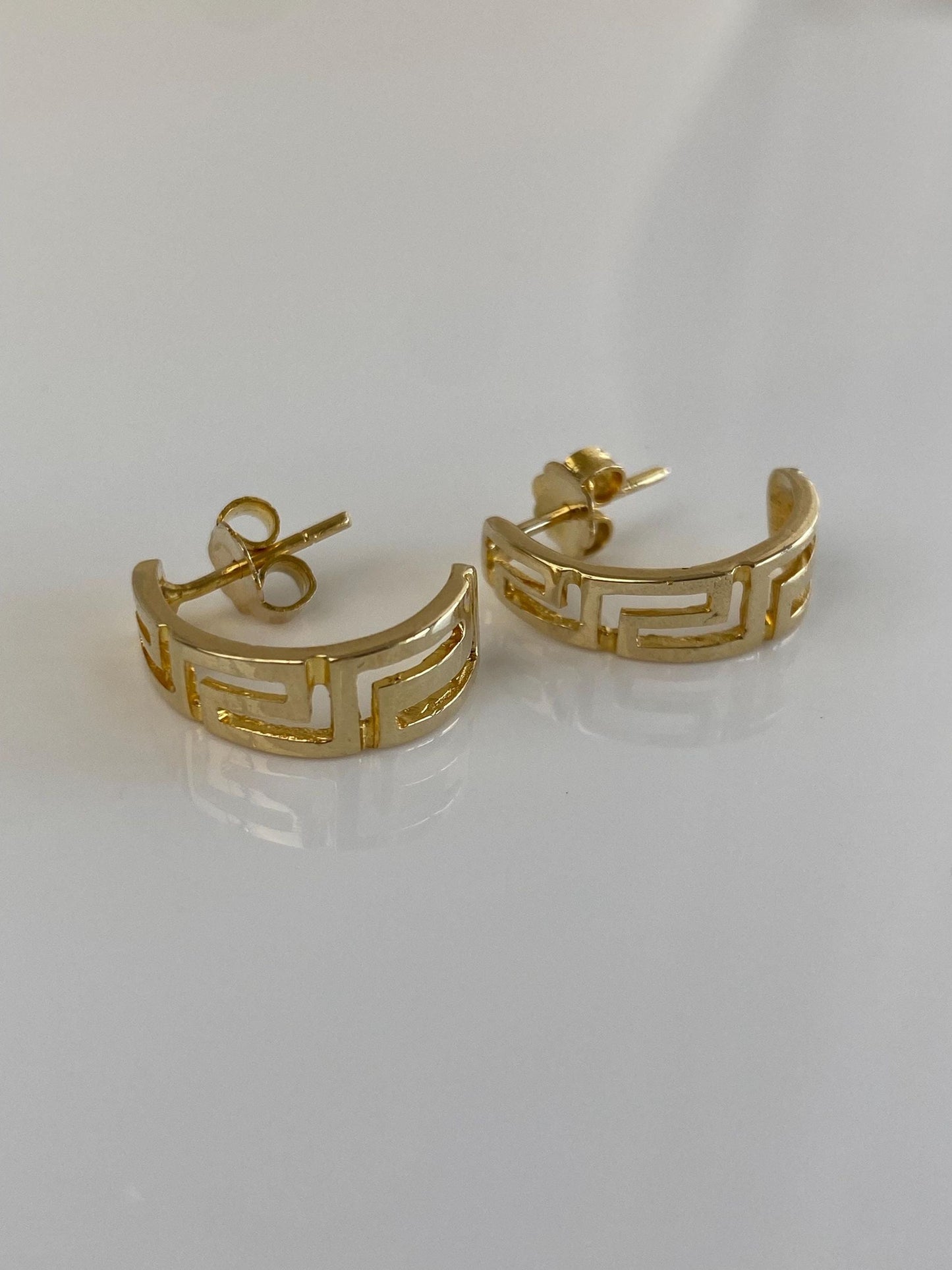 Vintage Solid 14k Yellow Gold Greek Key Half Hoop Earrings