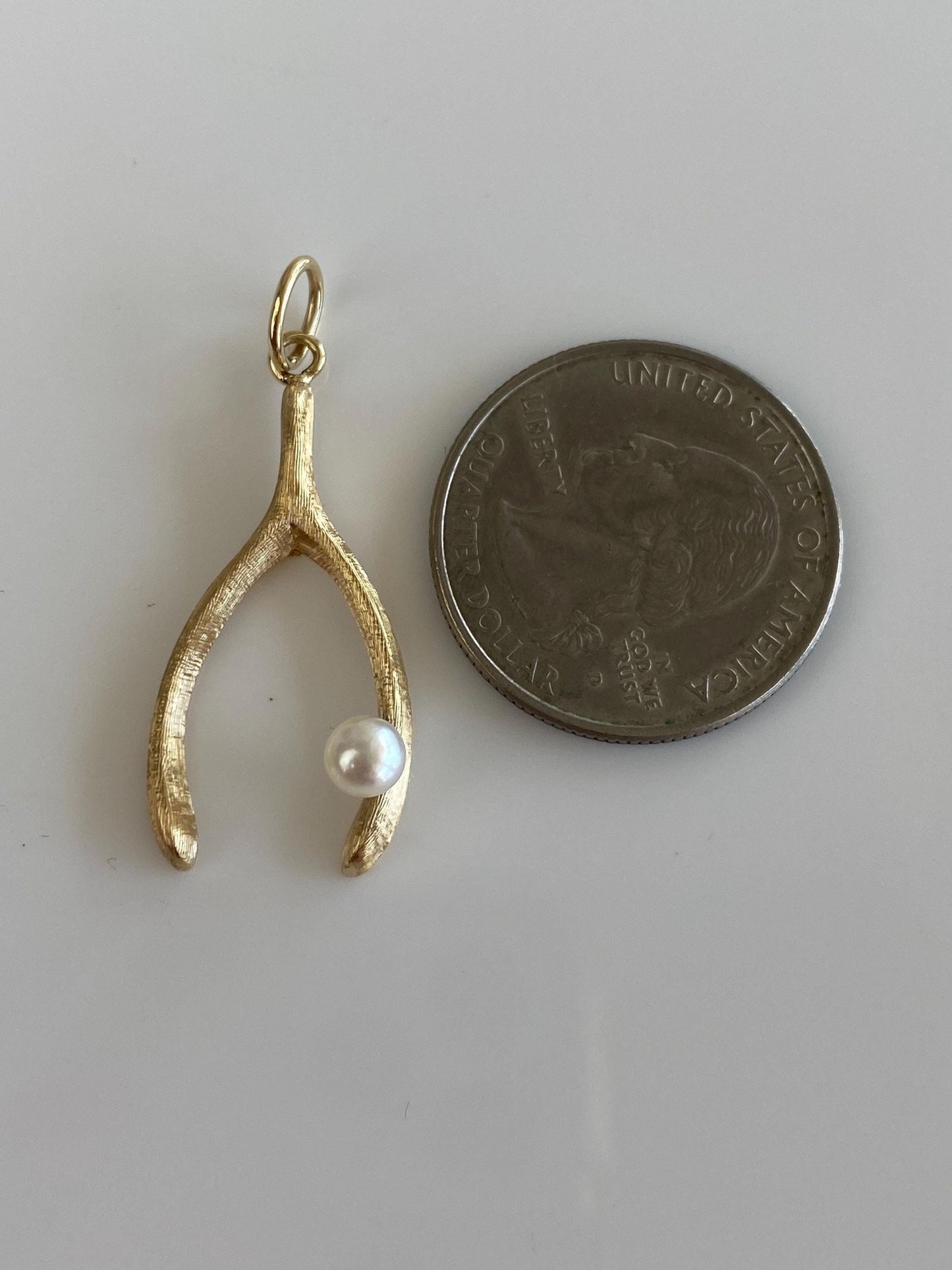 Vintage Solid 14k Yellow Gold Pearl Wishbone Charm