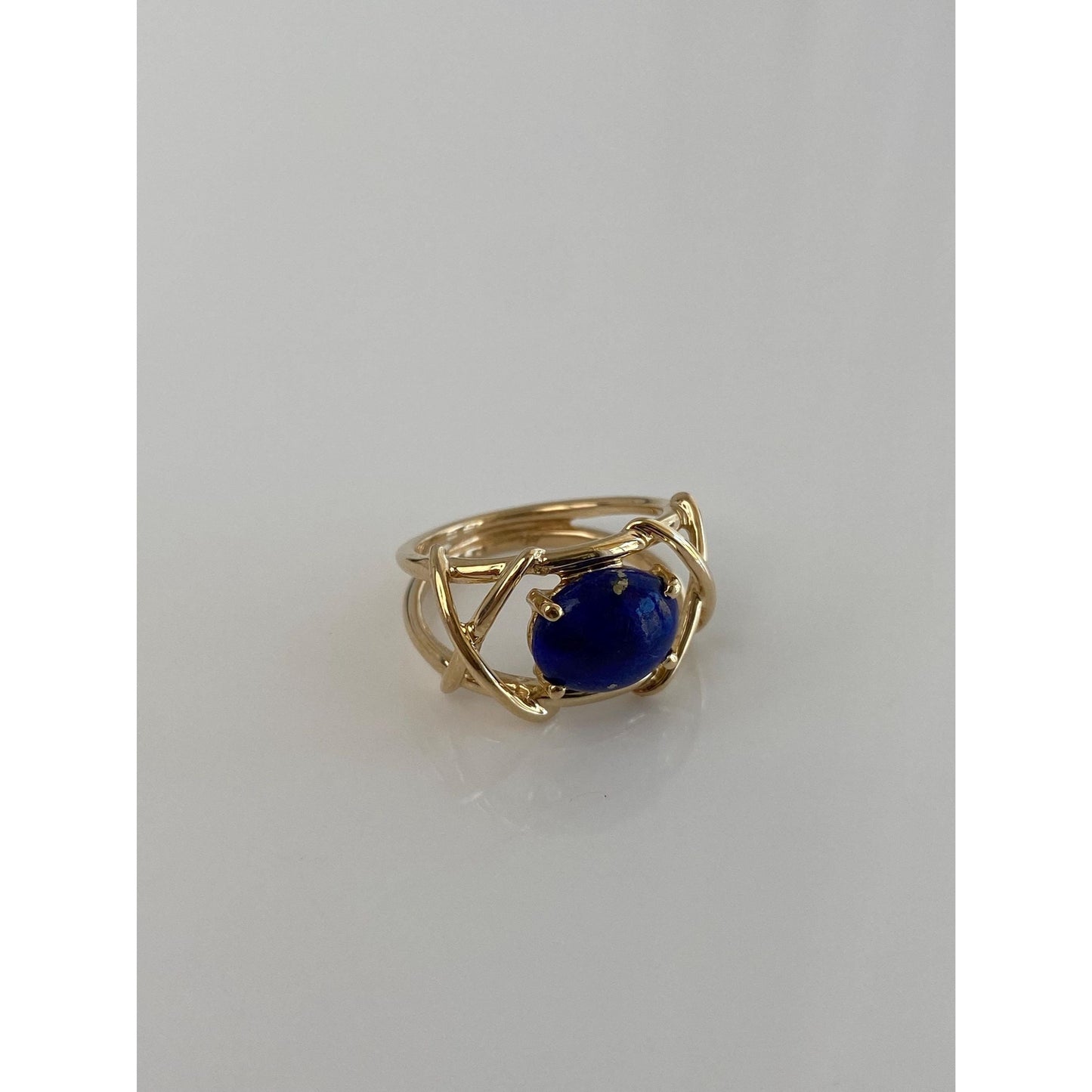 Solid 14k Blue Lapis Lazuli X Pattern Ring - Size 6.25