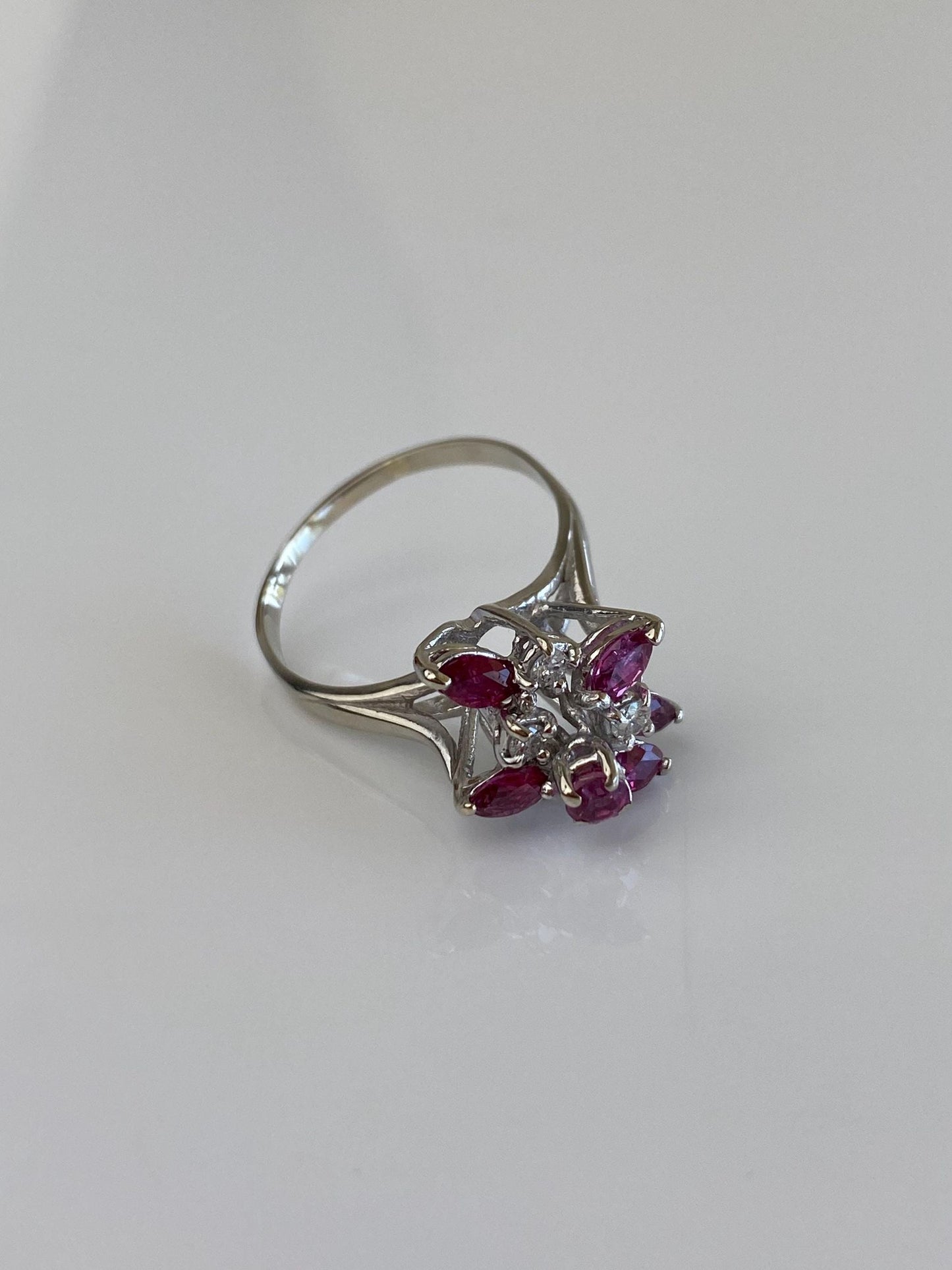 Vintage Solid 14k White Gold Diamond Ruby Cluster Ring - Size 6.75