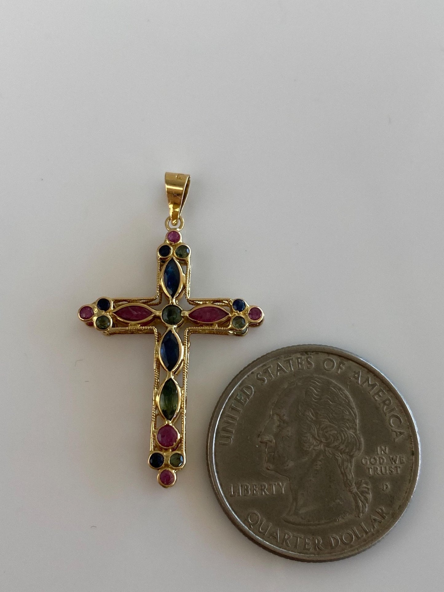 Vintage Solid 18k Yellow Gold Blue Sapphire Ruby Green Tourmaline Open Work Cross Charm
