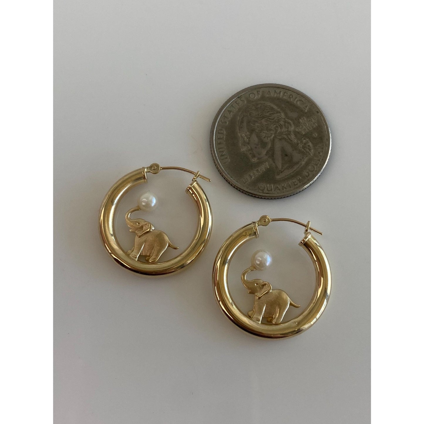 Vintage 14k Yellow Gold Elephant Pearl Hoop Earrings