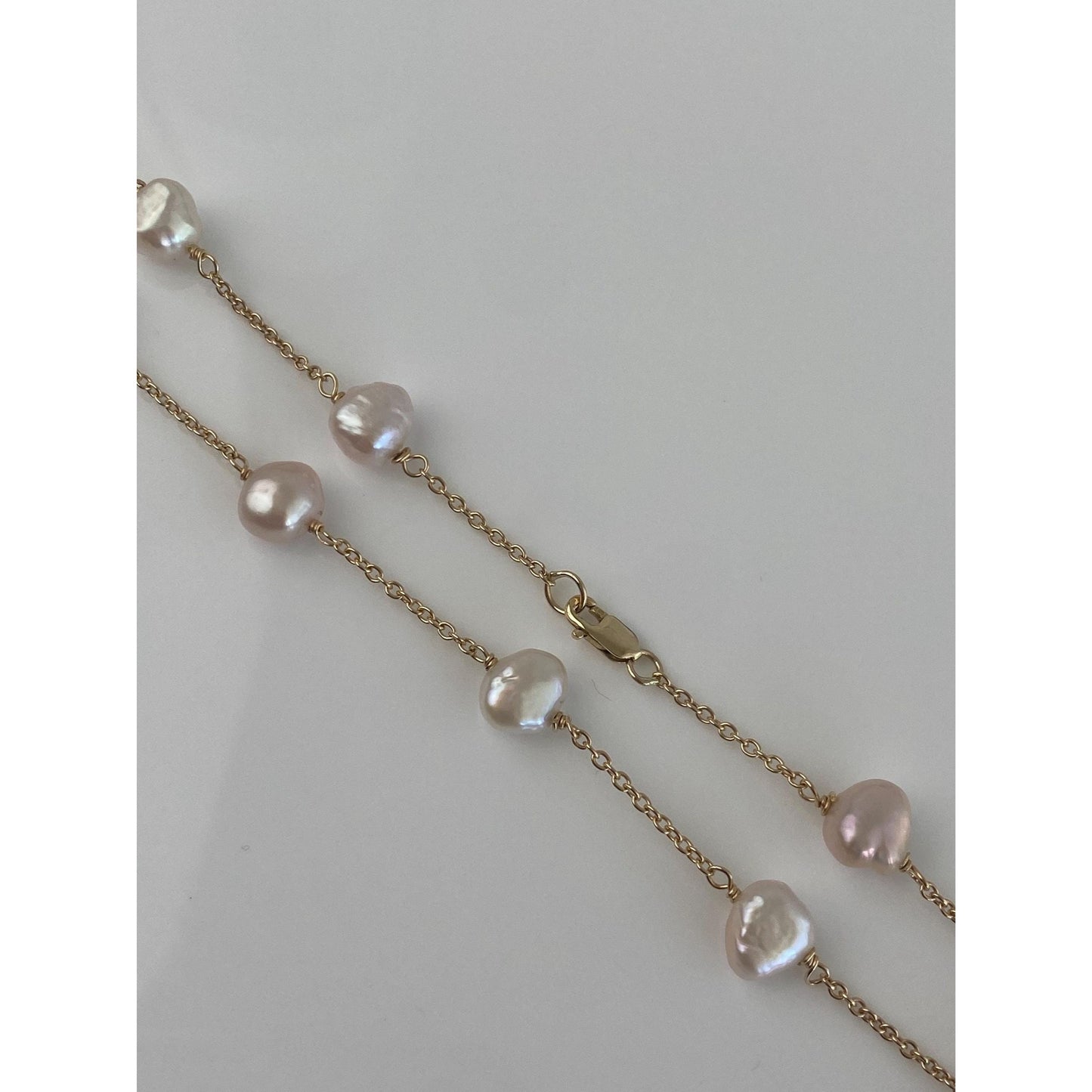 Vintage Solid 14k Yellow Gold Pearls Cable Chain Necklace - 15.75 inches
