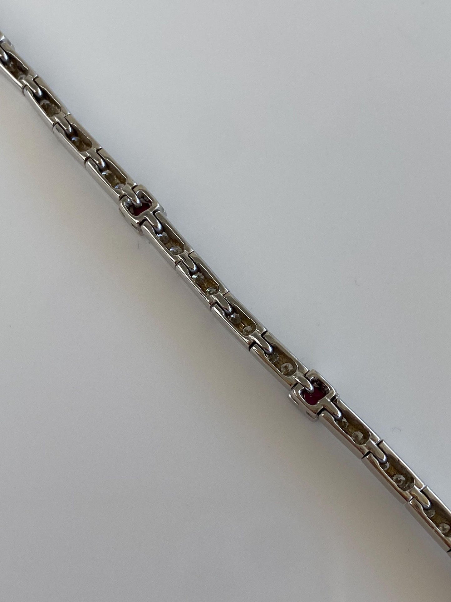 Vintage Solid 18k White Gold Diamond Ruby Link Bracelet - 7 inches