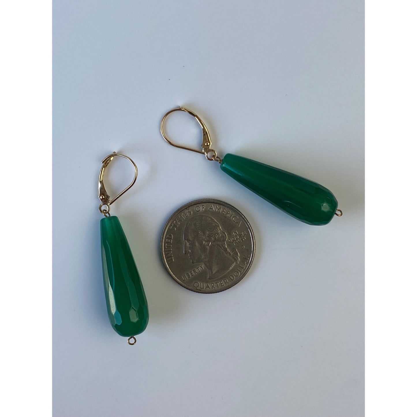 Vintage Solid 14k Yellow Gold Faceted Green Glass Dangle Earrings