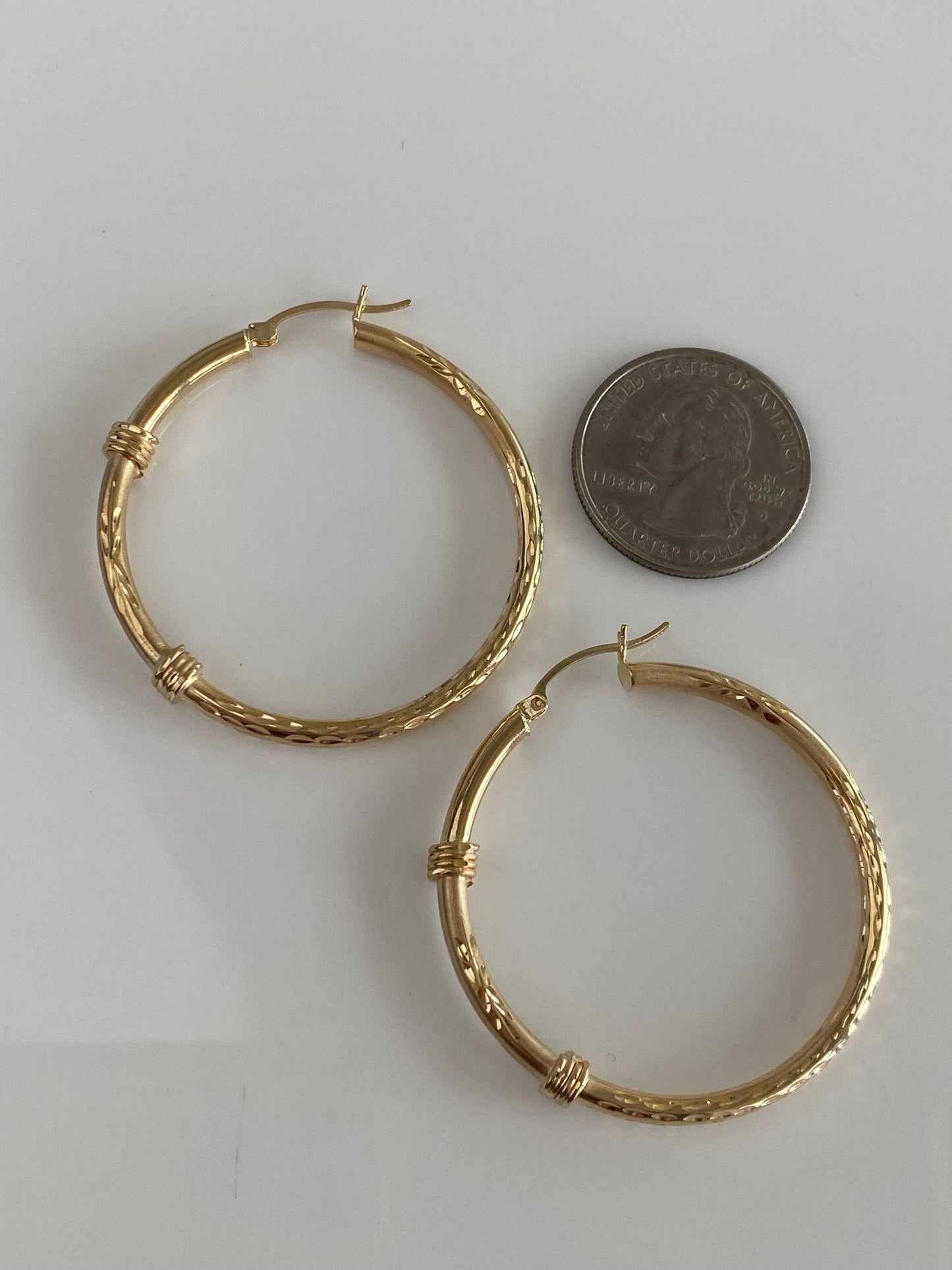 Vintage 14k Yellow Gold Diamond Cut Wrapped Design Hoop Earrings