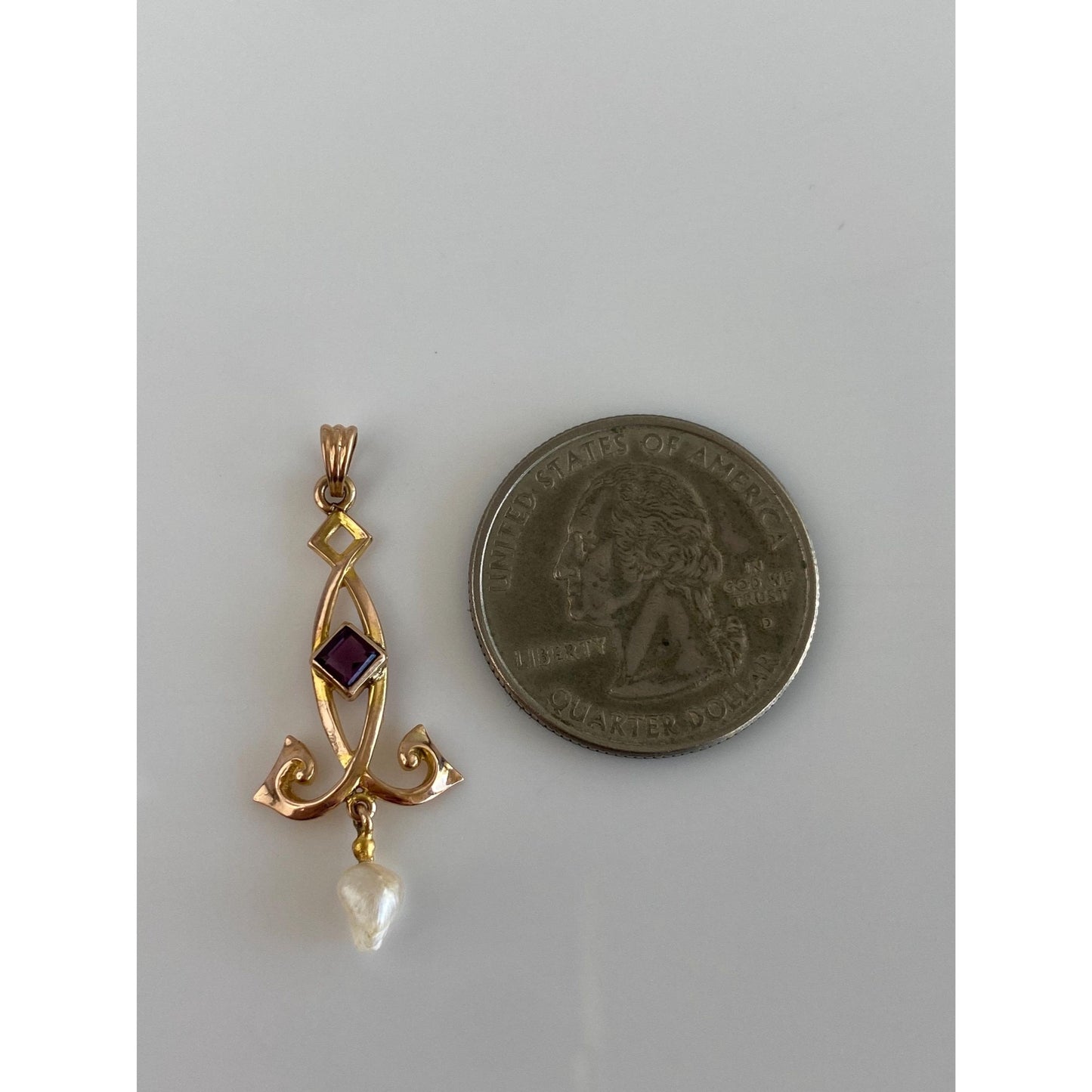 Vintage Solid 10k Yellow Gold Purple Cubic Zirconia Pearl Dangle Charm