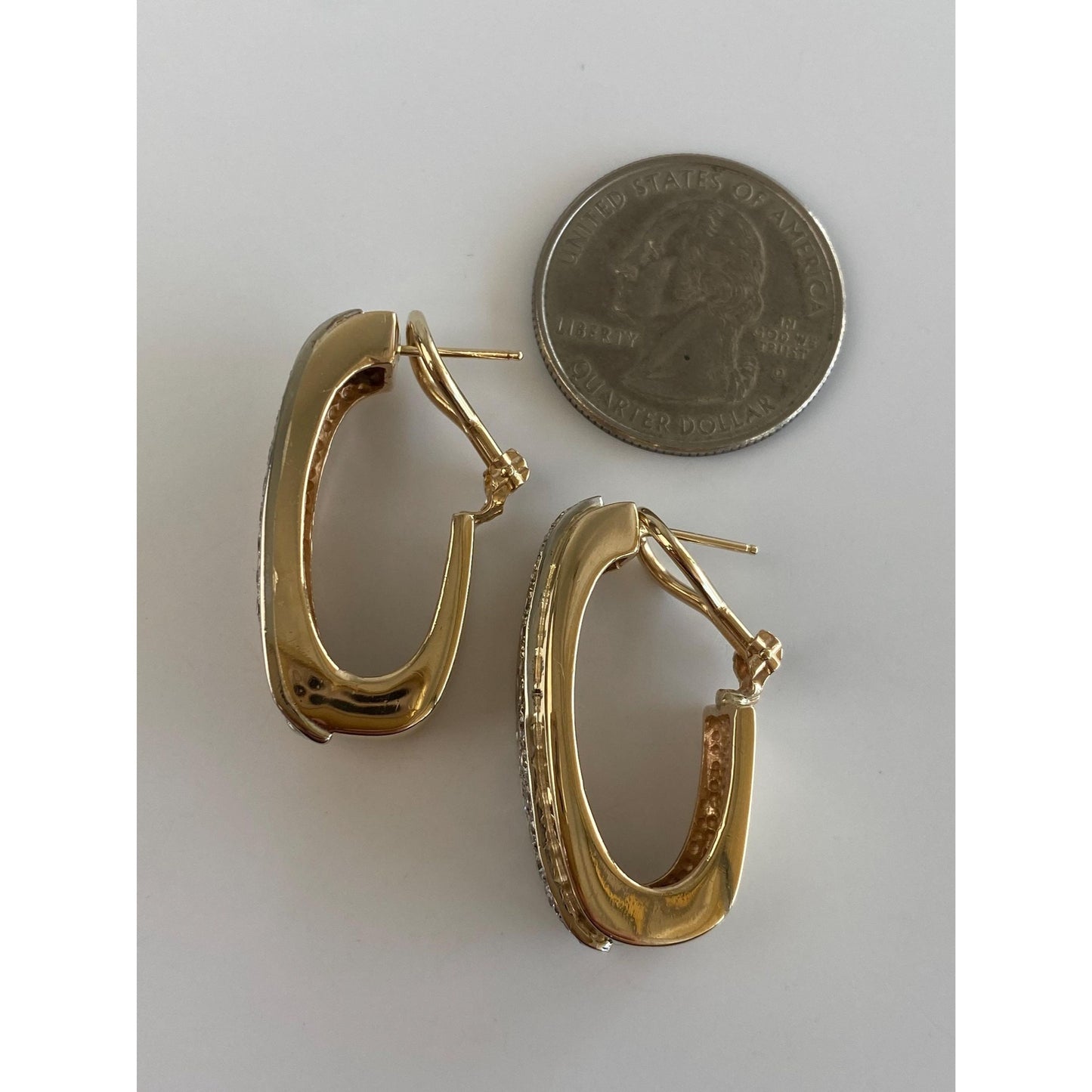 Vintage Solid 14k Yellow Gold Large Diamond Drop Hoop Earrings
