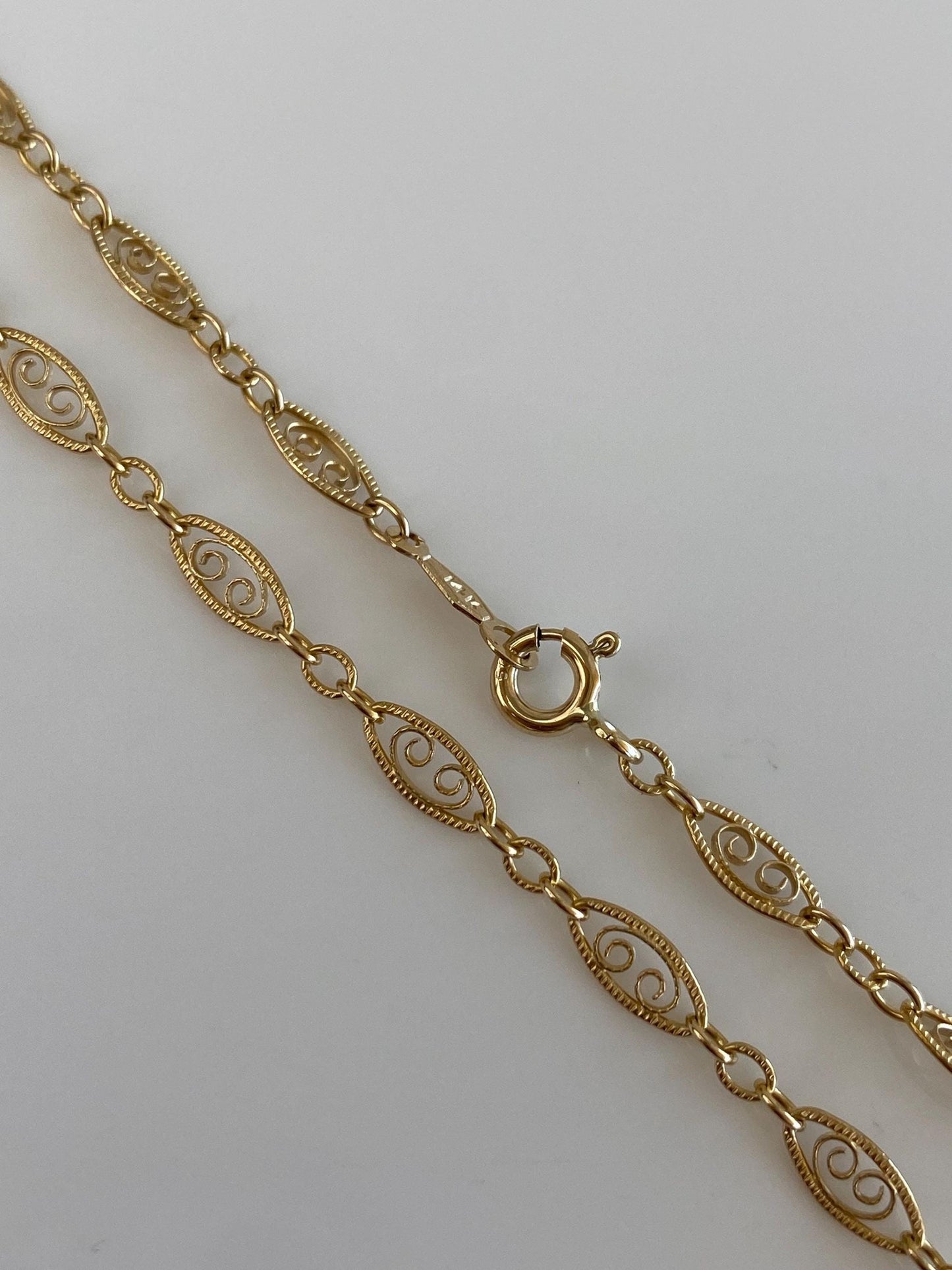 Vintage Solid 14k Yellow Gold Long Fancy Filigree Link Chain Necklace - 30 inches