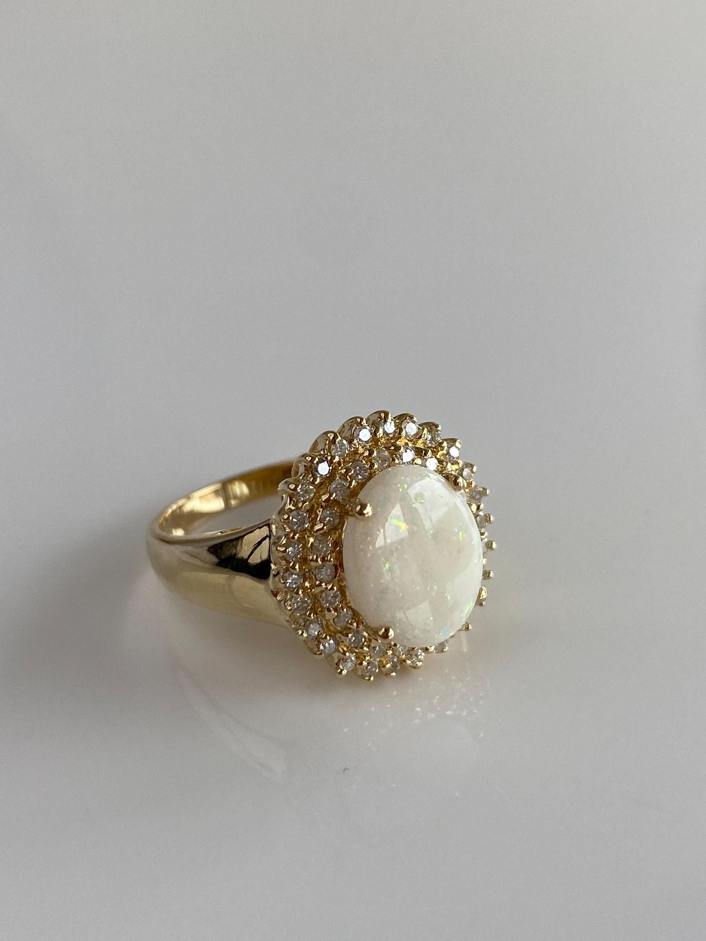Vintage Solid 14k Yellow Gold Diamond Halo Opal Ring - Size 6.75