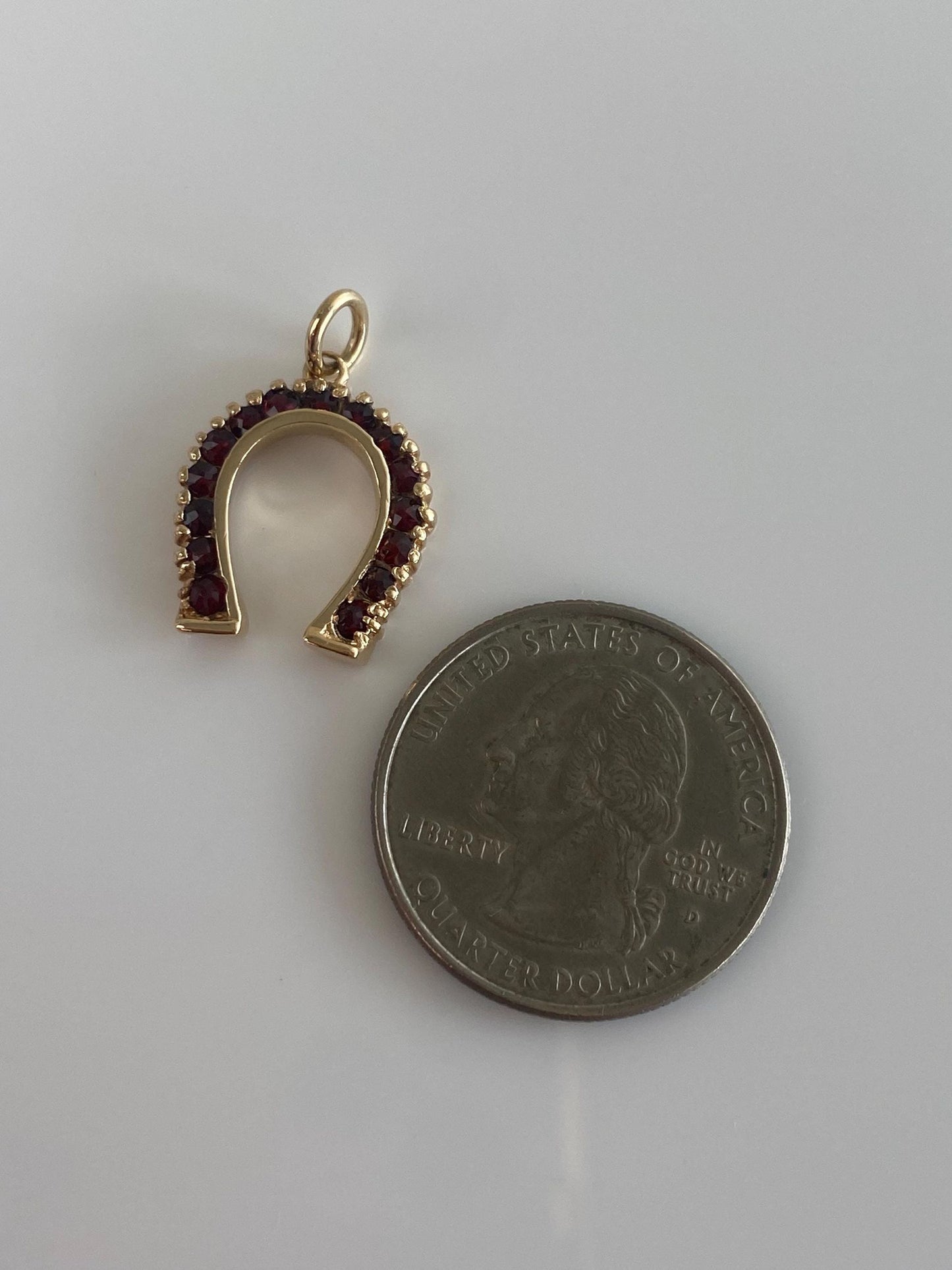 Vintage Solid 14k Yellow Gold Garnet Horseshoe Charm