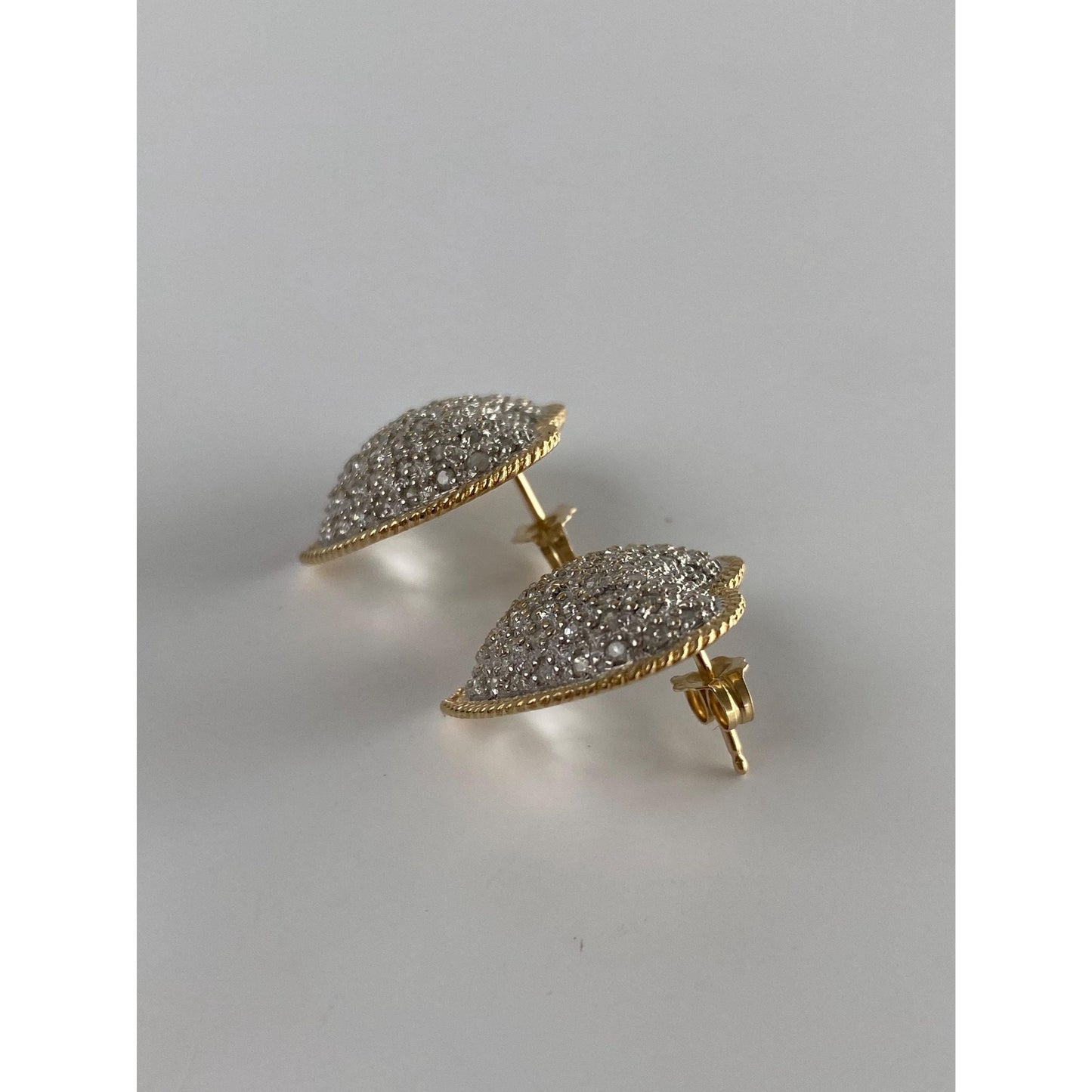 Vintage Solid 14k White & Yellow Gold Diamond Heart Stud Earrings