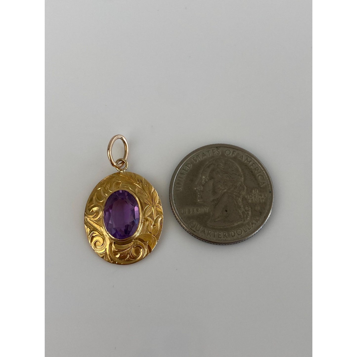 Vintage Solid 14k Yellow Gold Engraved Amethyst Pin Conversion Charm