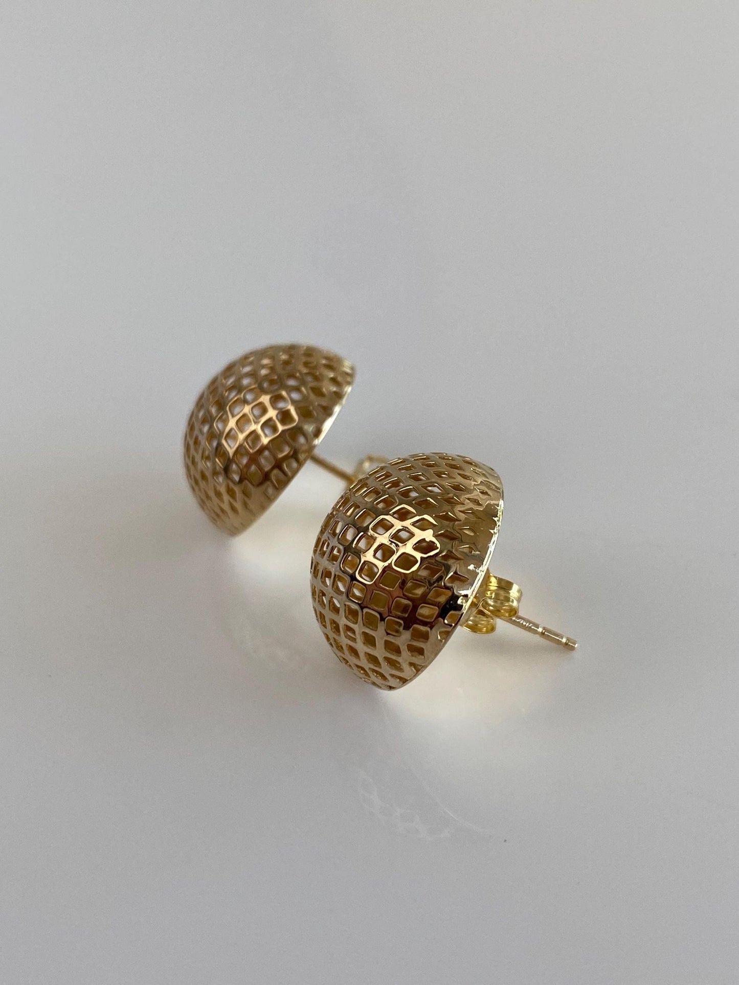 Vintage Solid 14k Yellow Gold Woven Open Work Domed Stud Earrings