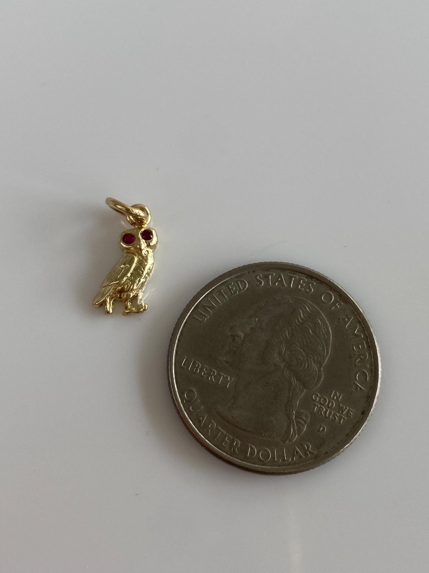 Vintage Solid 14k Yellow Gold Ruby Eyes Owl Charm
