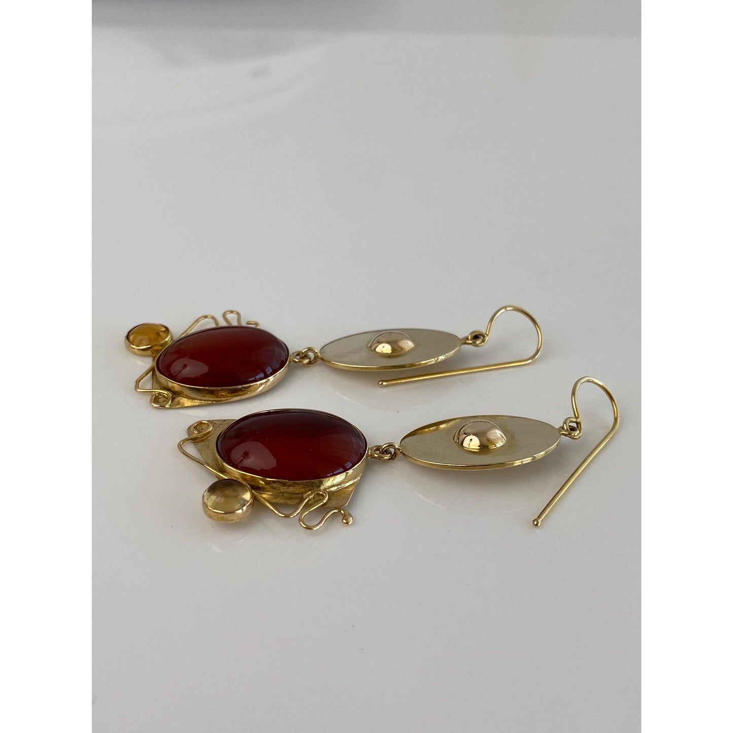 Vintage Solid 14k Yellow Gold Carnelian Citrine Dangle Earrings