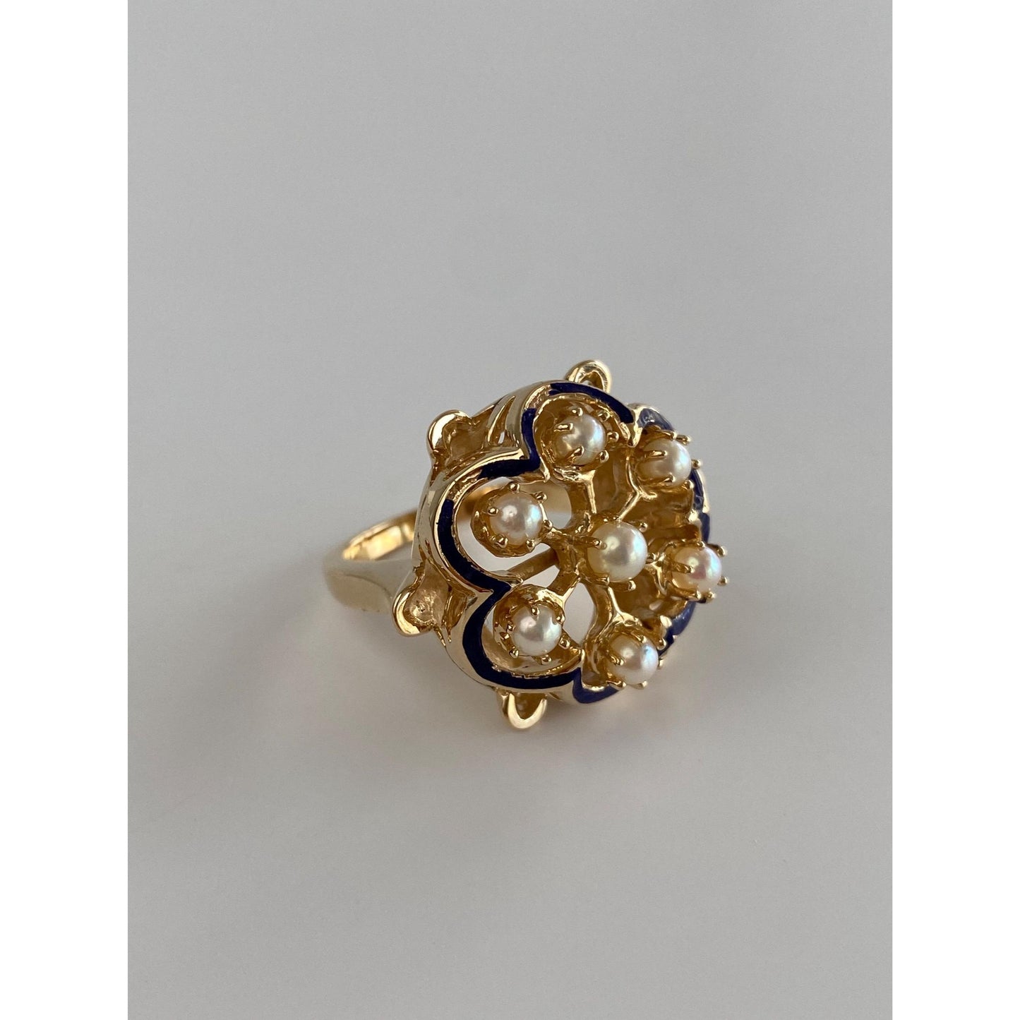 Vintage Solid 14k Yellow Gold Pearl Cluster Blue Enamel Ring - Size 5.5