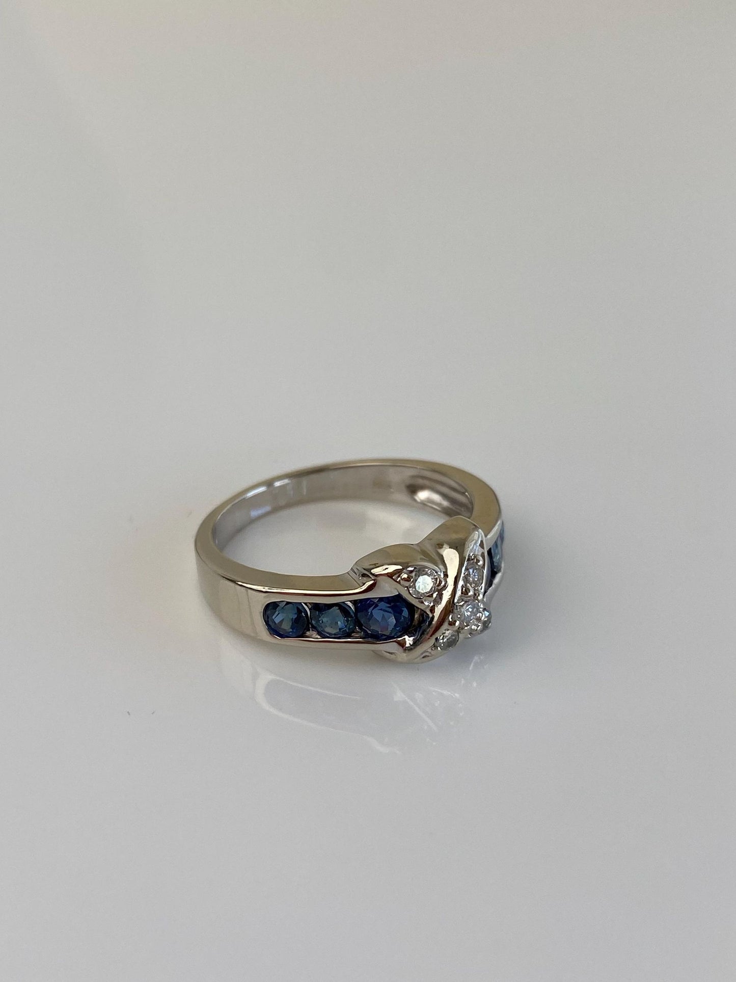 Vintage Solid 14k White Gold Diamond Blue Sapphire X Ring - Size 5.75