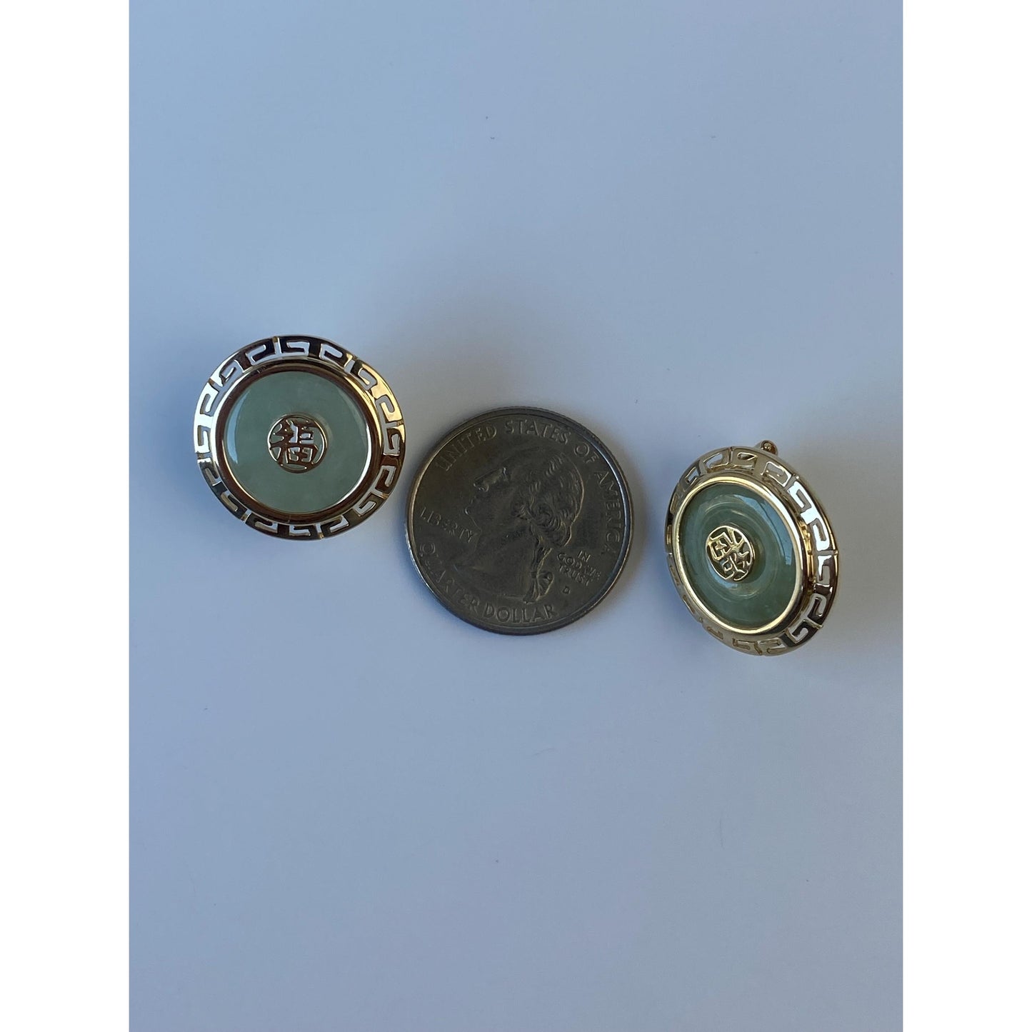 Solid 14k Yellow Gold Large Jade Greek Key Border Stud Earrings