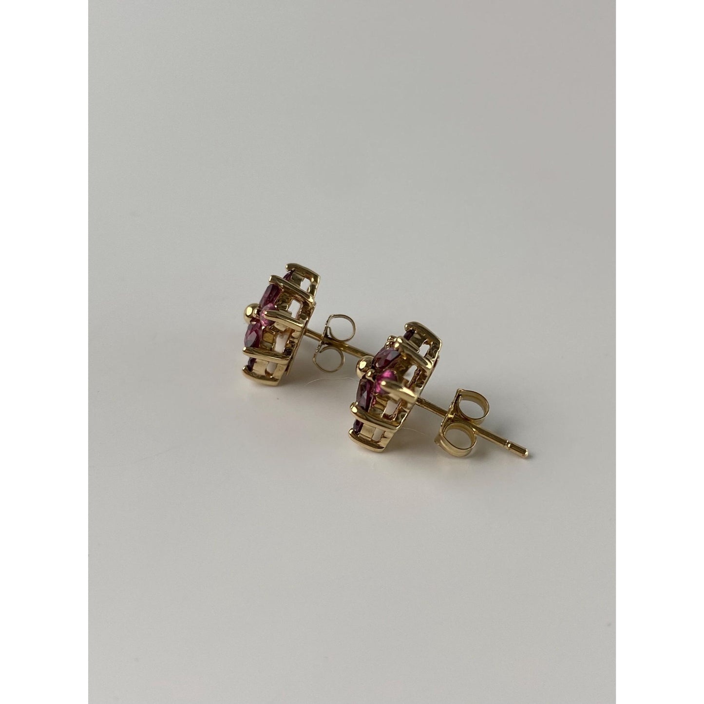 Vintage Solid 10k Yellow Gold Pink Purple Cubic Zirconia Cluster Stud Earrings