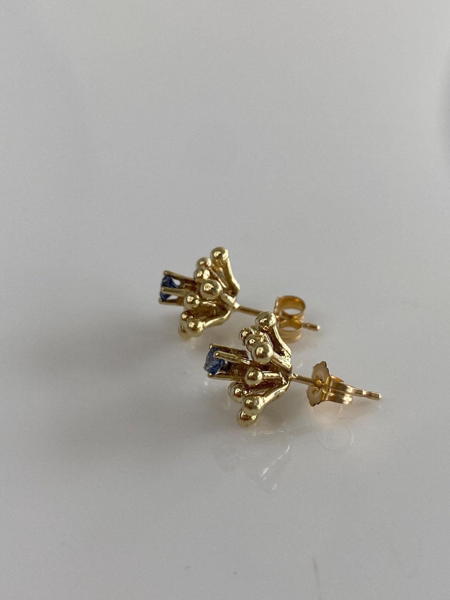 Vintage Solid 14k Yellow Gold Blue Sapphire Atomic Sputnik Stud Earrings