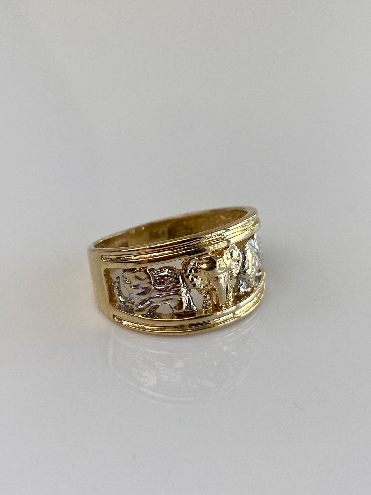 Vintage Solid 14k White & Yellow Gold Elephant Ring Band - Size 8.5