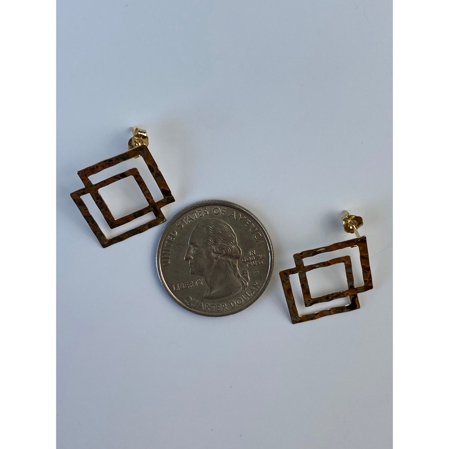 Solid 14k Yellow Gold Hammered Layered Square Stud Earrings