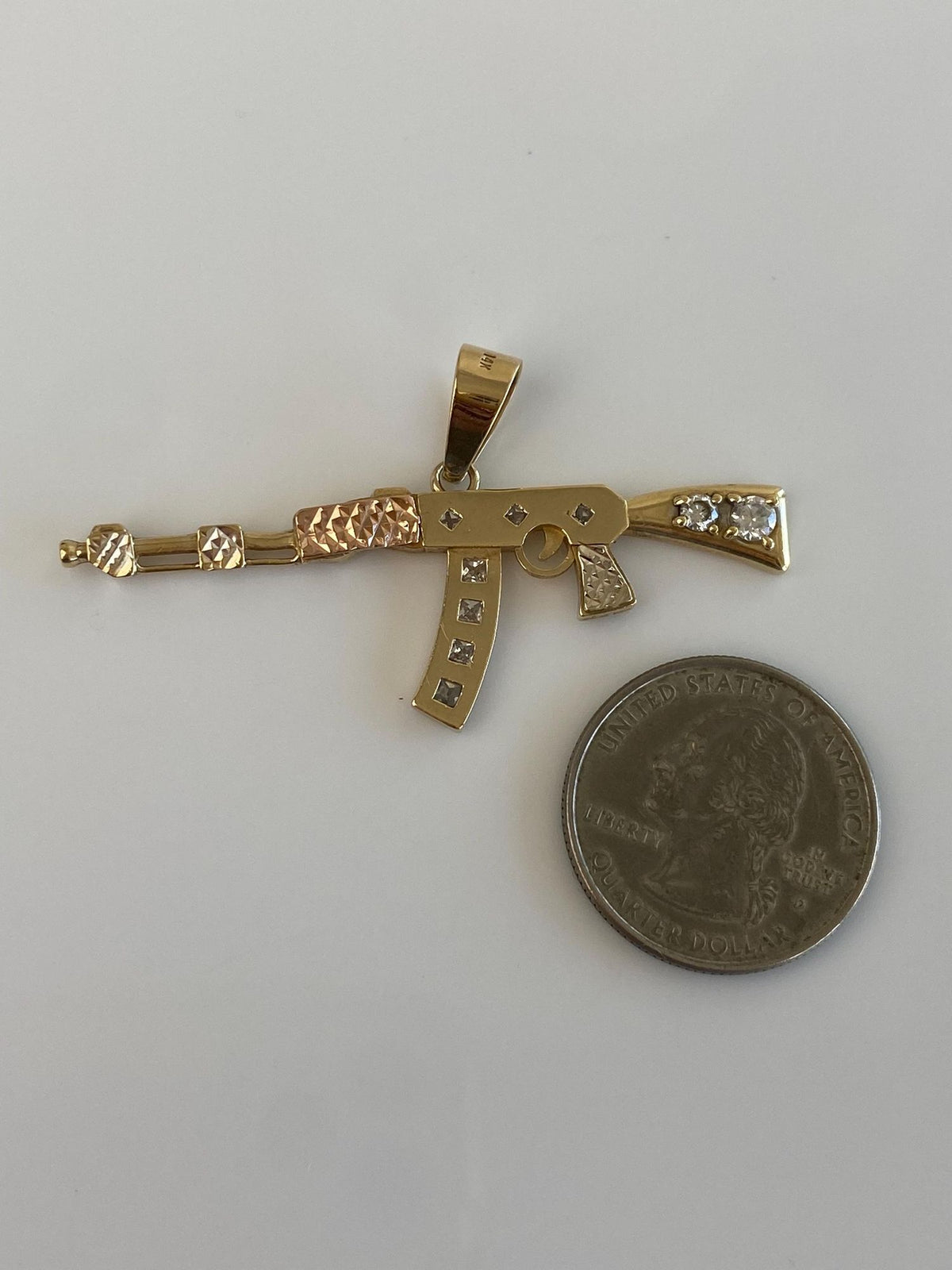 Vintage Solid 14k Tri Tone Gold Clear Quartz Tommy Gun Charm