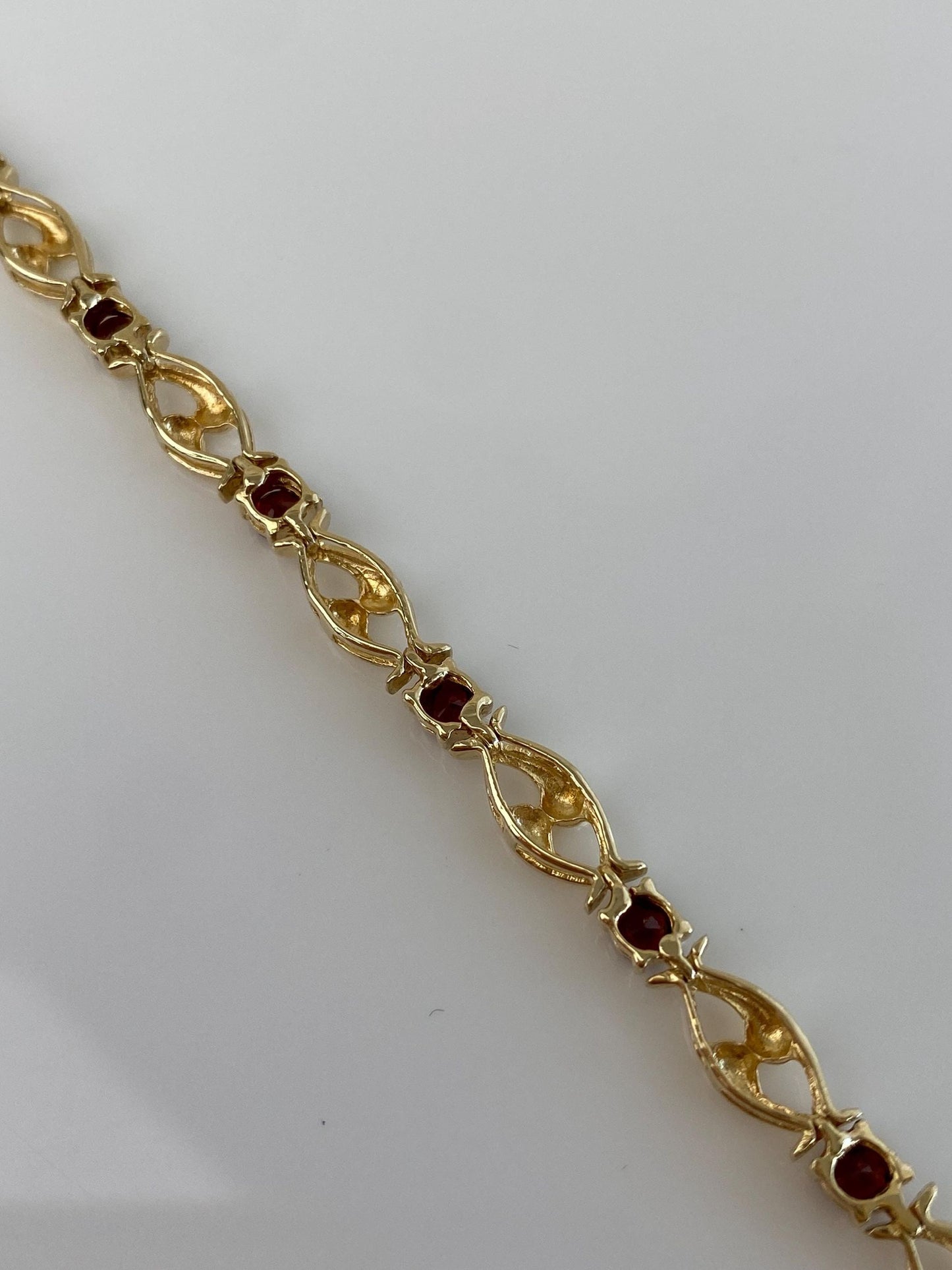 Vintage Solid 14k Yellow Gold Red Garnet Link Bracelet - 6.75 inches
