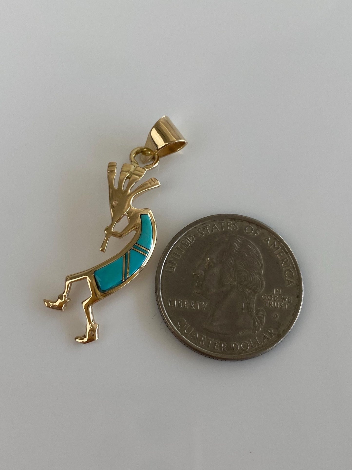 Solid 14k Yellow Gold Turquoise Inlay Kokopeli Charm