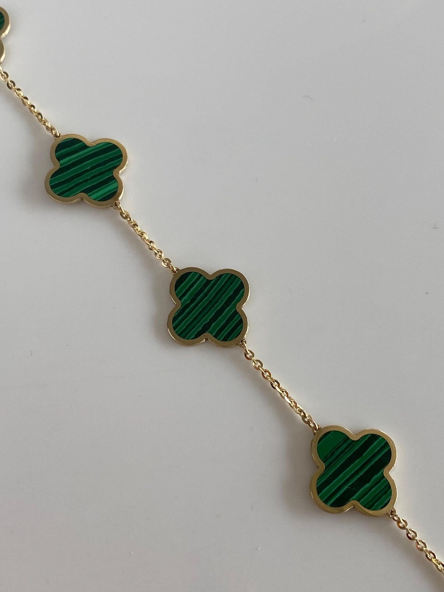 Vintage Solid 14k Yellow Gold Malachite Quatrefoil Tight Cable Chain Bracelet - 7 inches