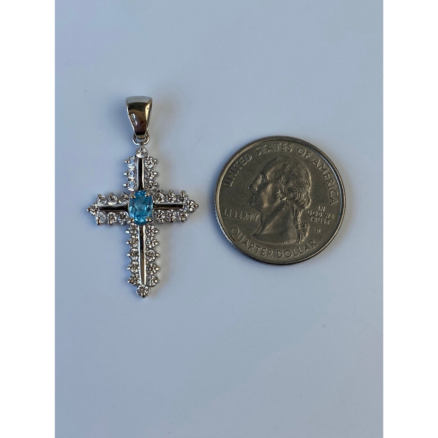 Solid 14k White Gold Topaz Cubic Zirconia Cross Charm