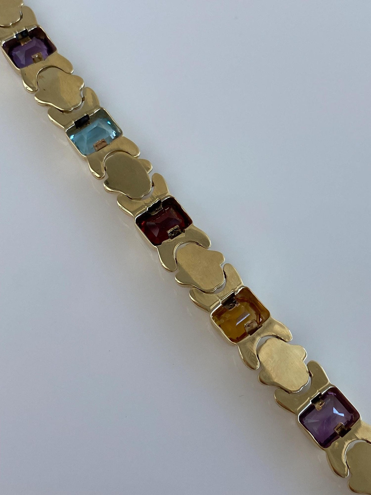 Vintage 14k Yellow Gold Garnet Amethyst Citrine Topaz Fancy Sparkly Link Bracelet - 7.25 inches