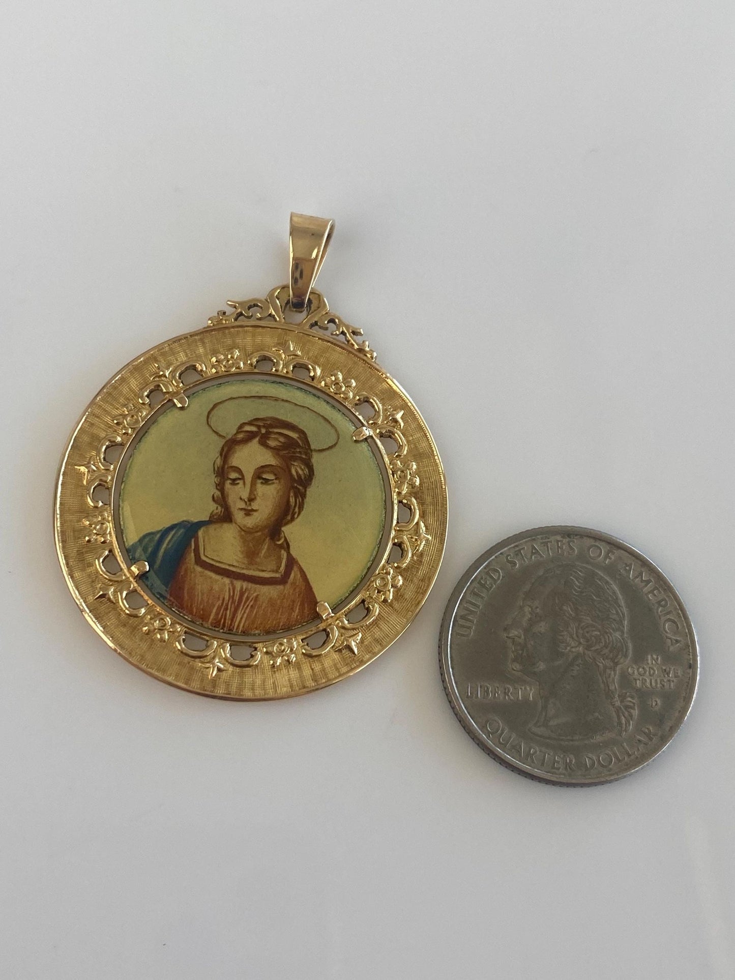 Solid 18k Yellow Gold Large Enamel Open Work Religious Charm