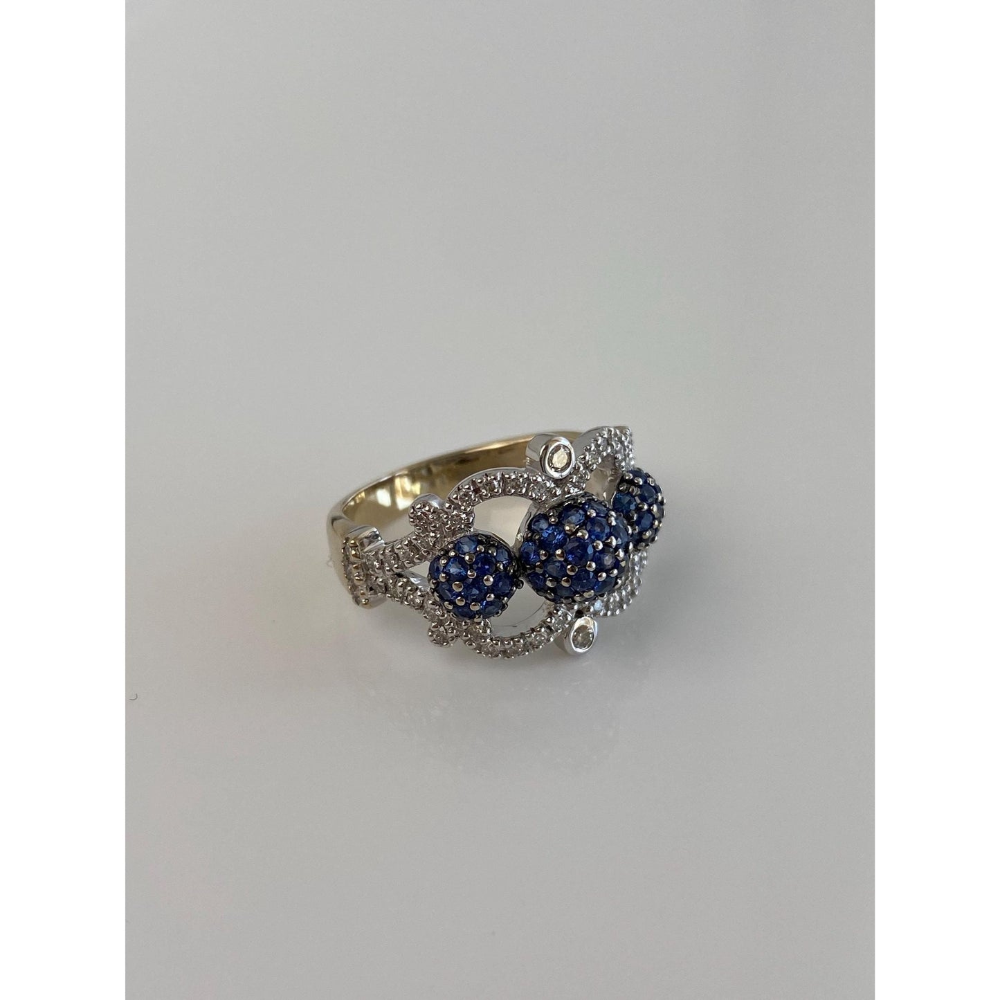 Vintage Solid 18k White & Yellow Gold Diamond Blue Sapphire Ball Ring Band - Size 6.75