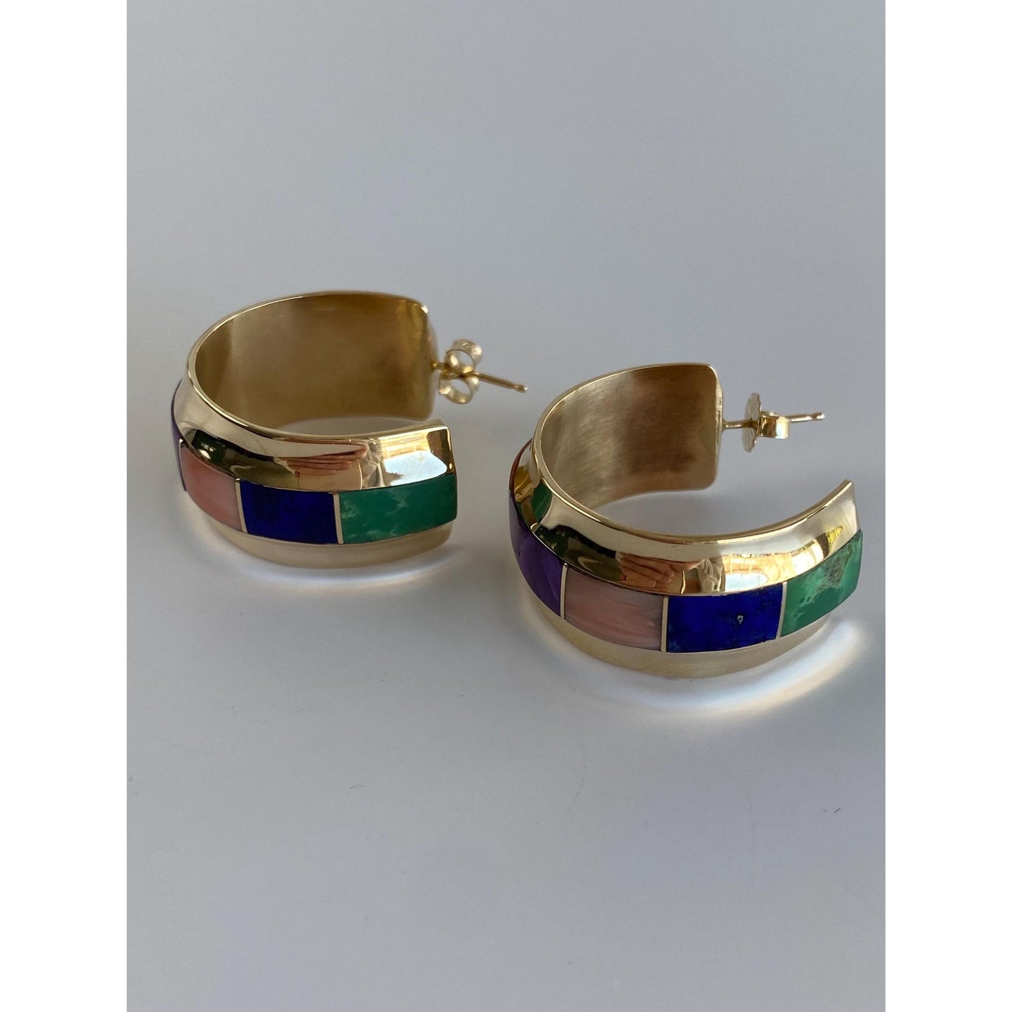 Solid 14k Yellow Gold Opal Turquoise Carnelian Amethyst Coral Blue Lapis Emerald Hoop Earrings