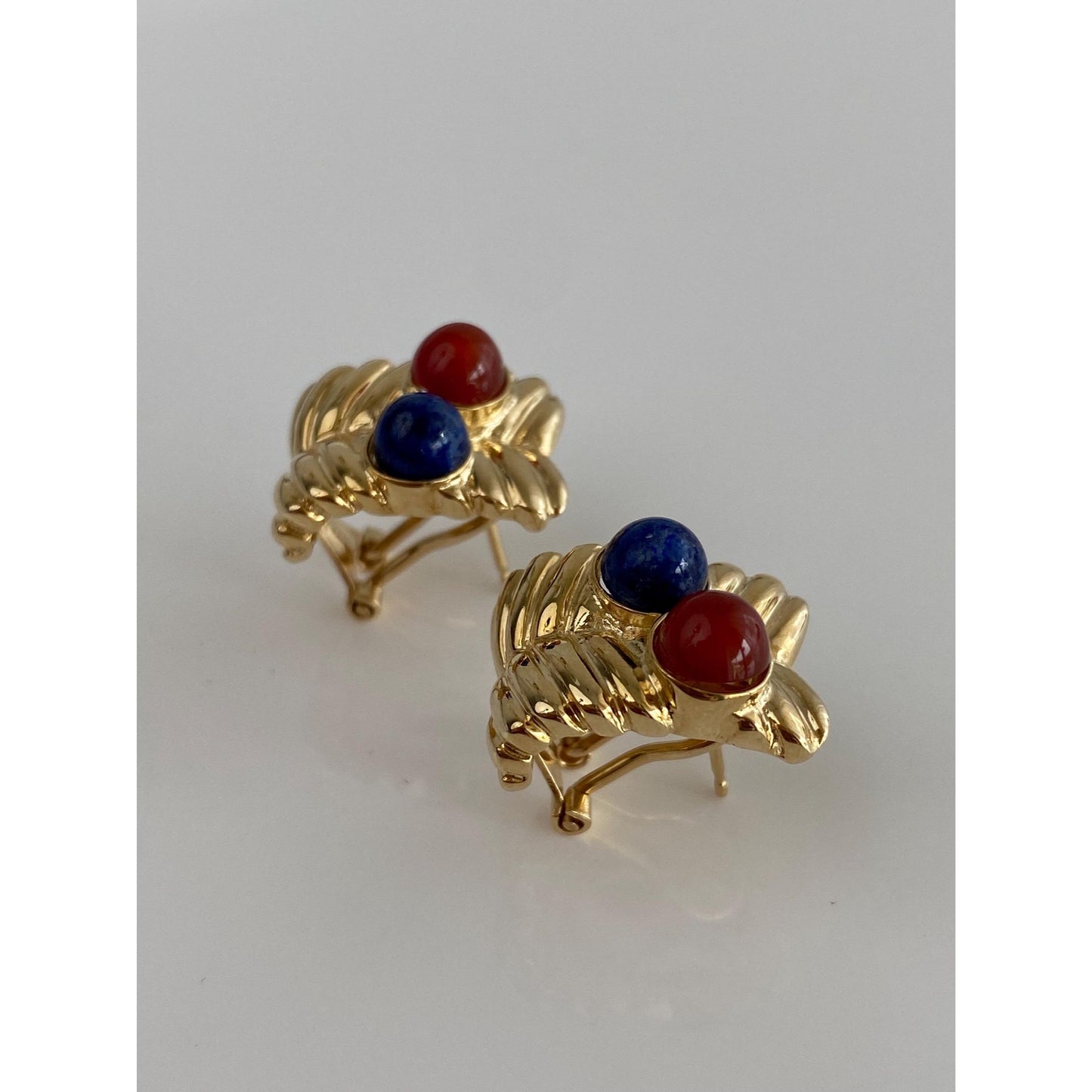 Solid 14k Yellow Gold Carnelian Blue Lapis Drop Earrings