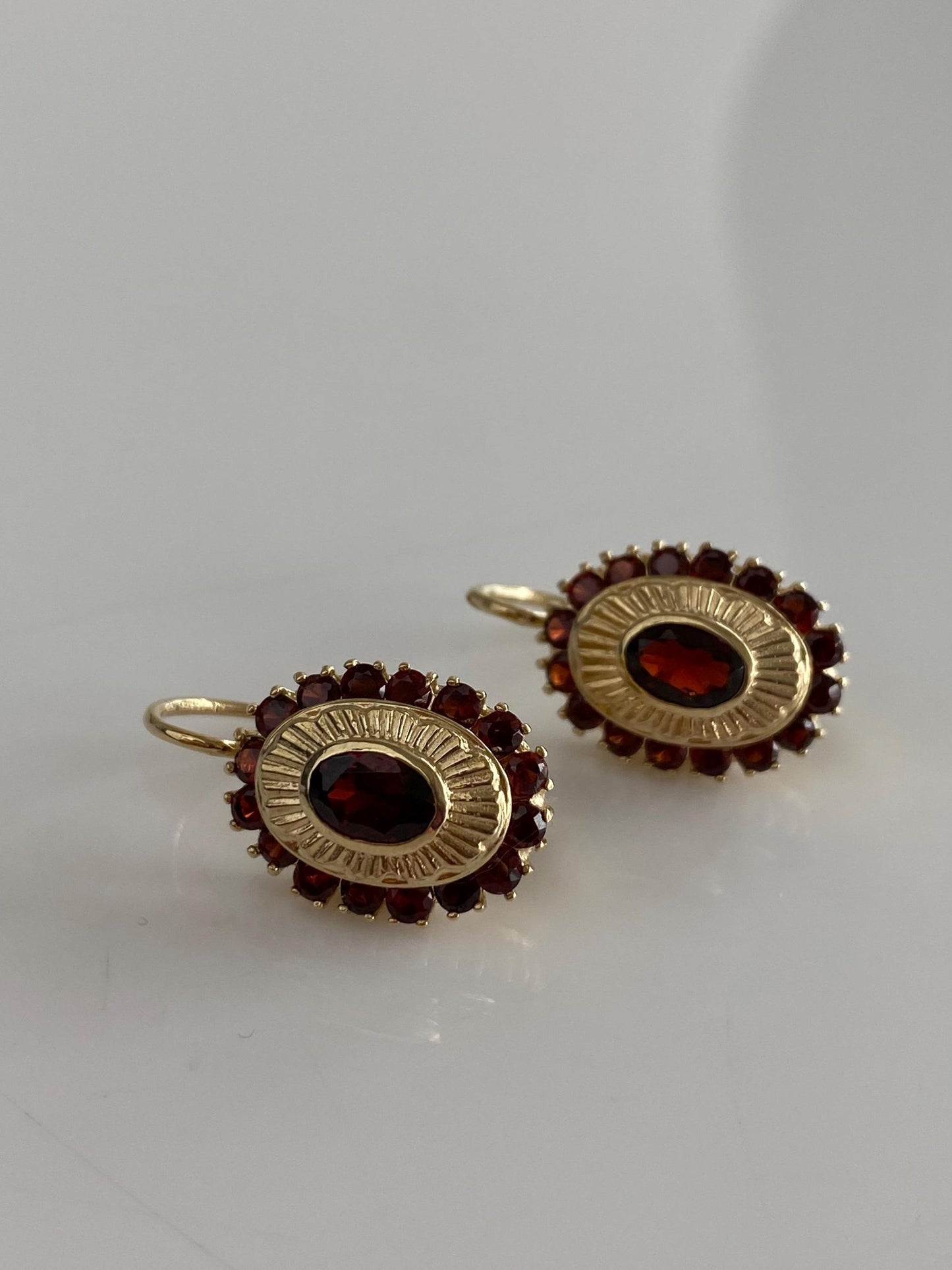Vintage Solid 14k Yellow Gold Garnet Halo Drop Earrings
