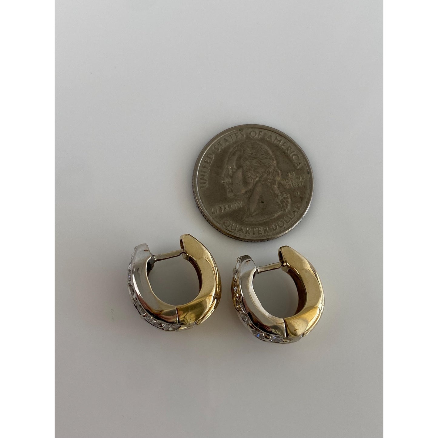 Vintage Solid 14k White & Yellow Gold Diamond Huggie Hoop Earrings