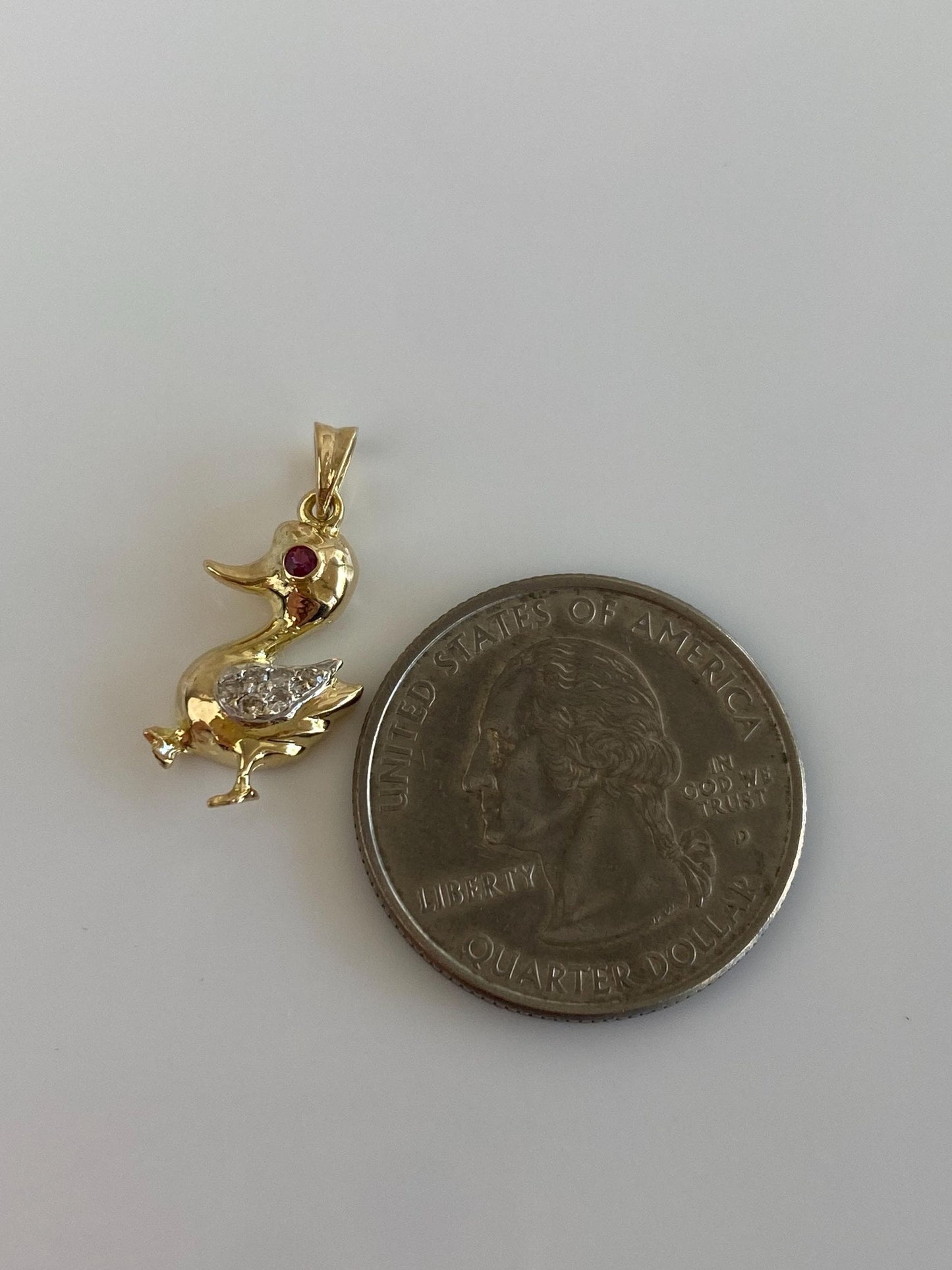 Vintage Solid 14k White & Yellow Gold Diamond Ruby Baby Duck Charm