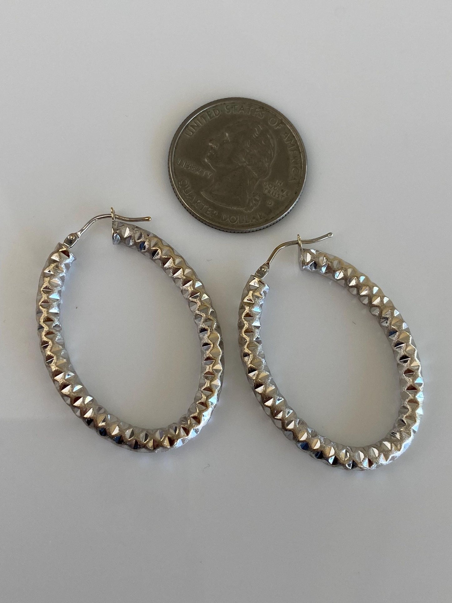 Vintage 14k White Gold Diamond Cut Oval Hoop Earrings