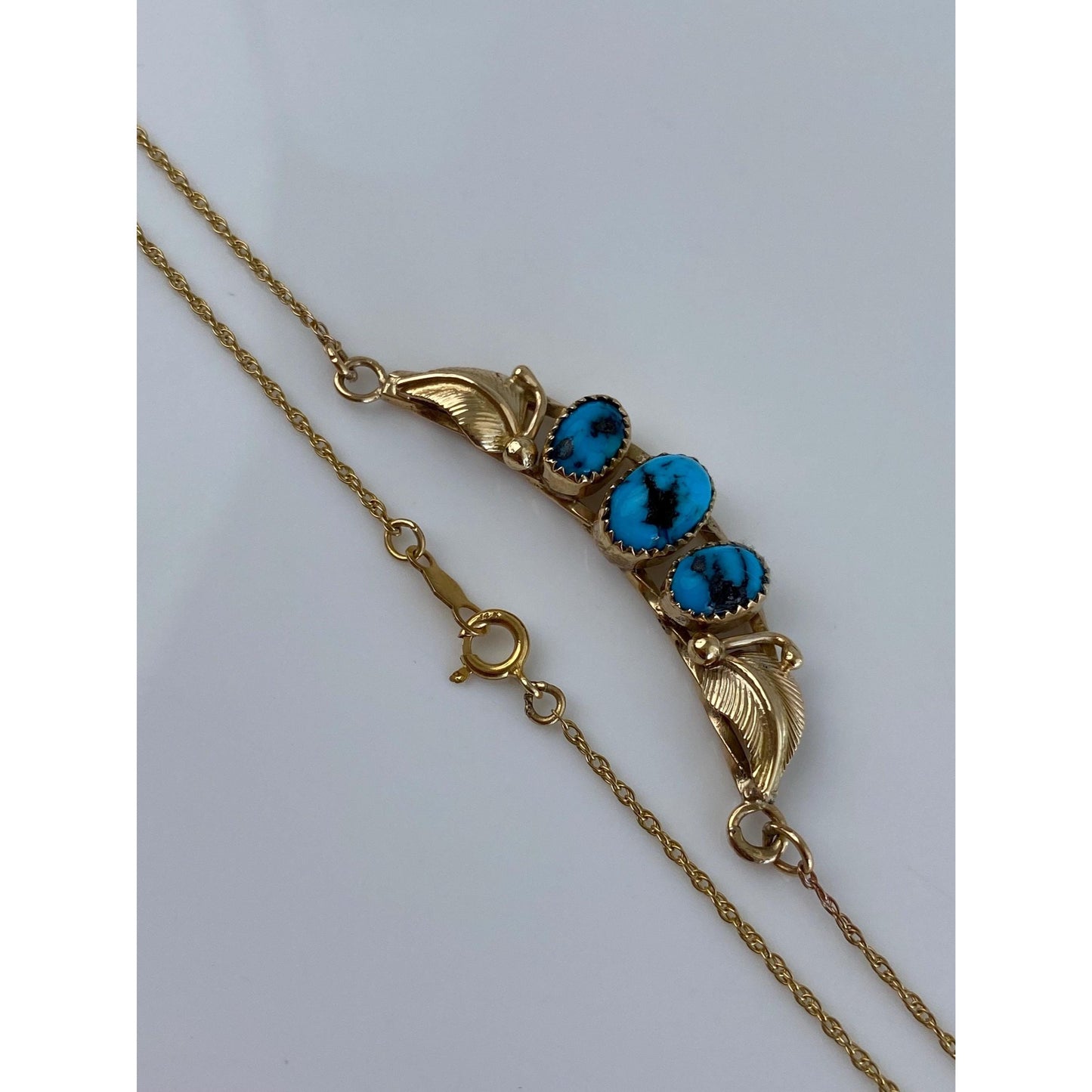 Vintage Solid 14k Yellow Gold Turquoise Leaves Dainty Chain Necklace - 15.75 inches
