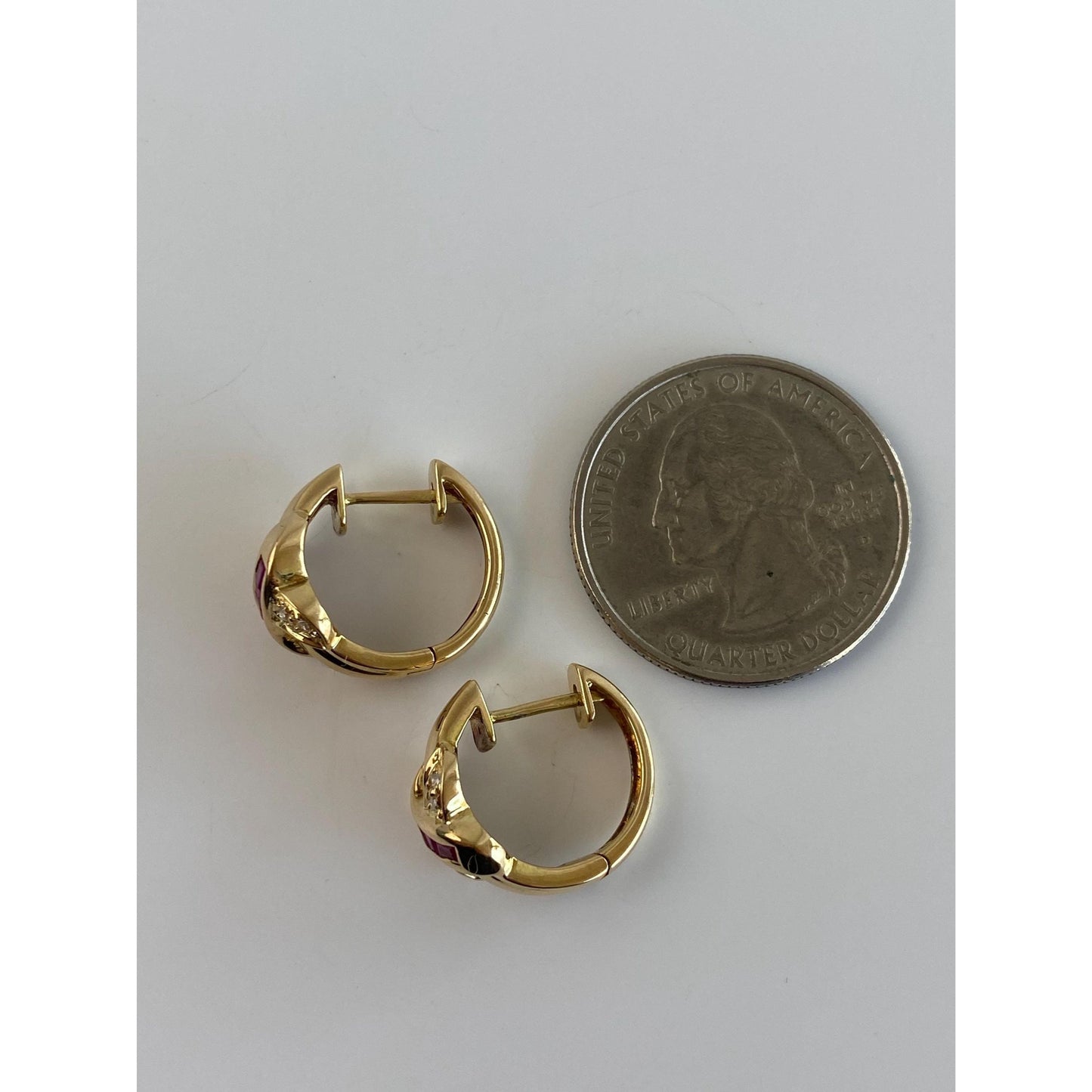 Vintage Solid 18k Yellow Gold Ruby Diamond X Hoop Earrings