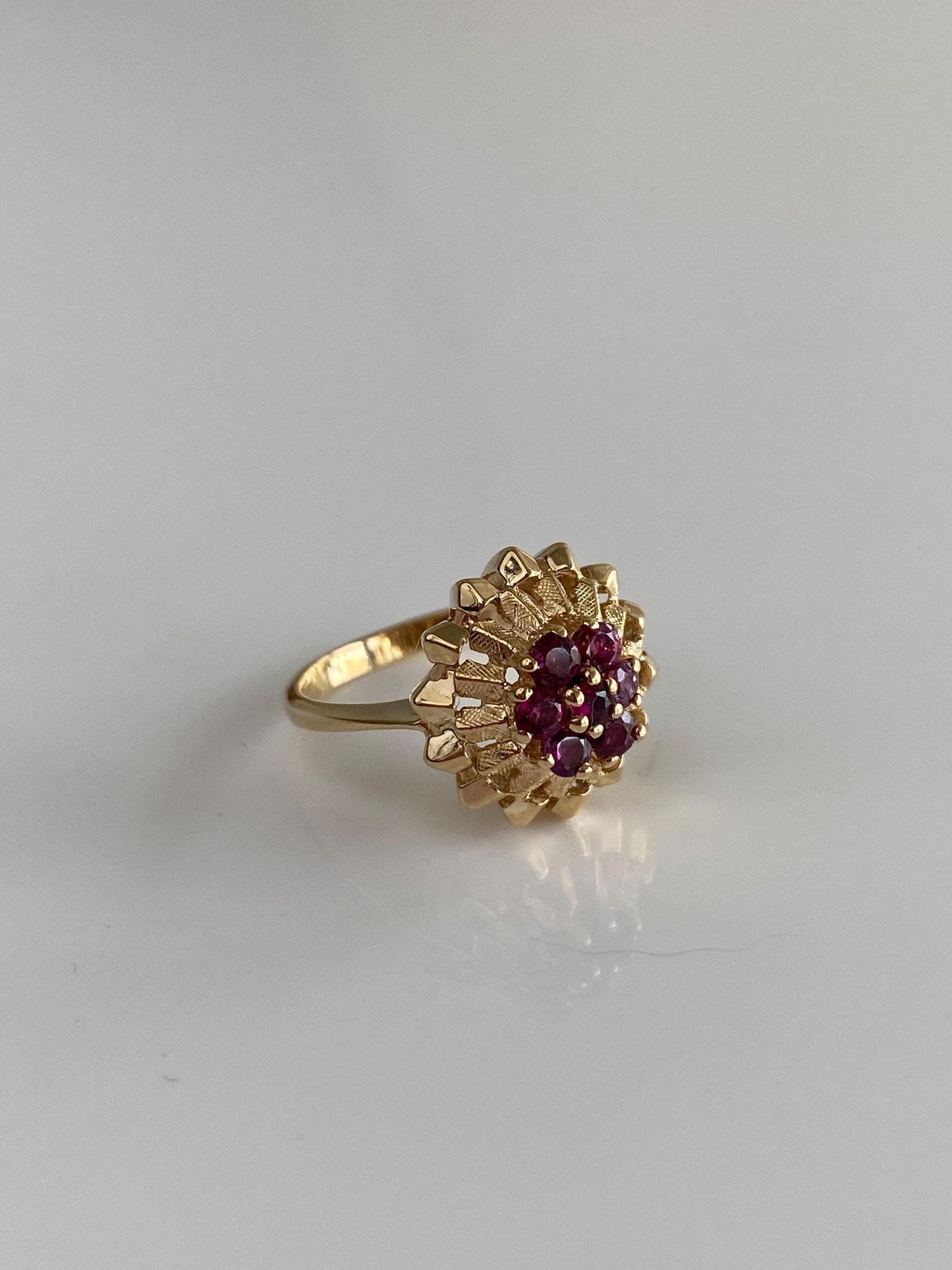 Vintage Solid 14k Yellow Gold Ruby Cluster Ring - Size 4.75