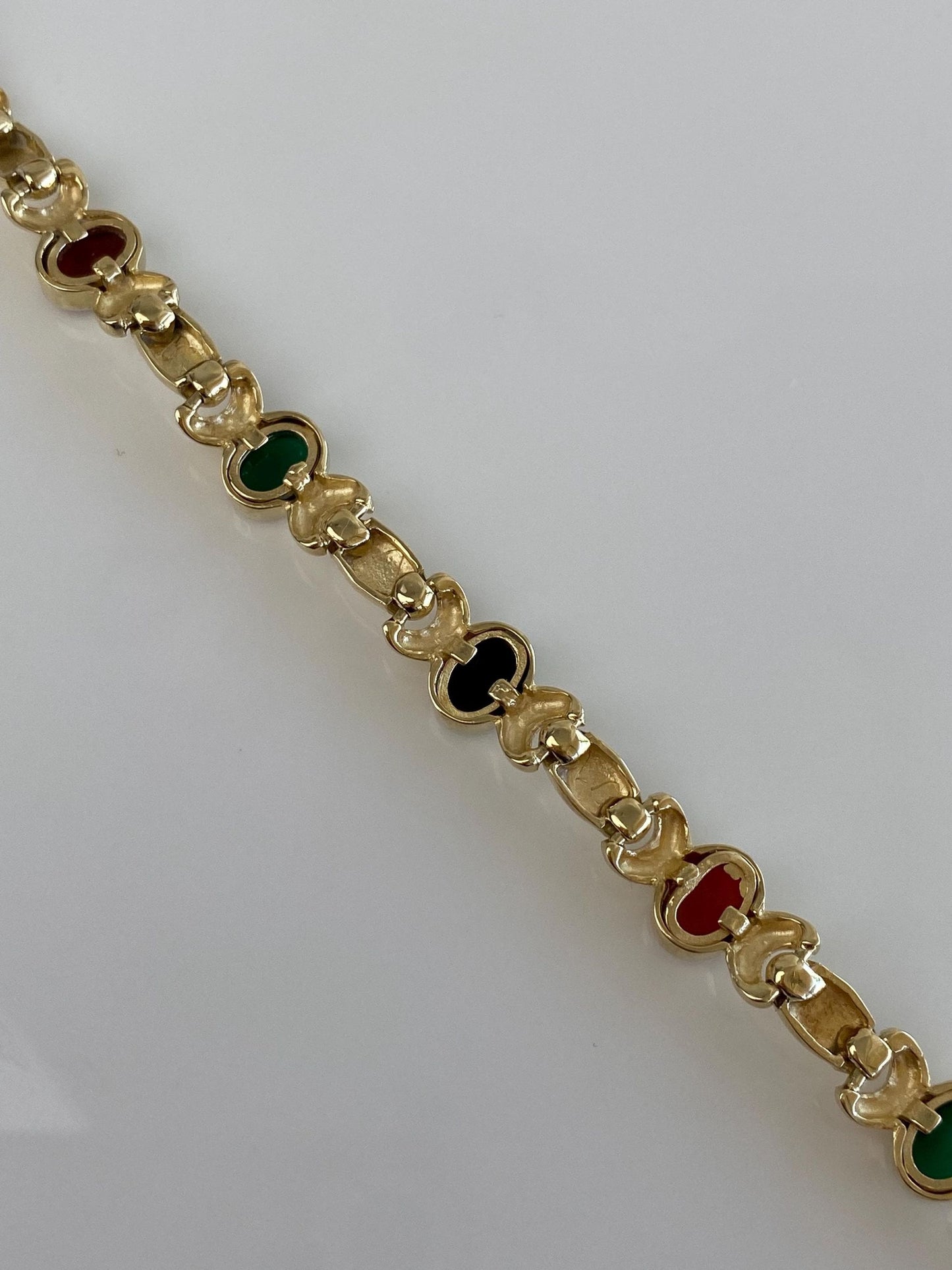 Solid 14k Yellow Gold Carnelian Green Chalcedony Onyx Link Bracelet - 7 inches