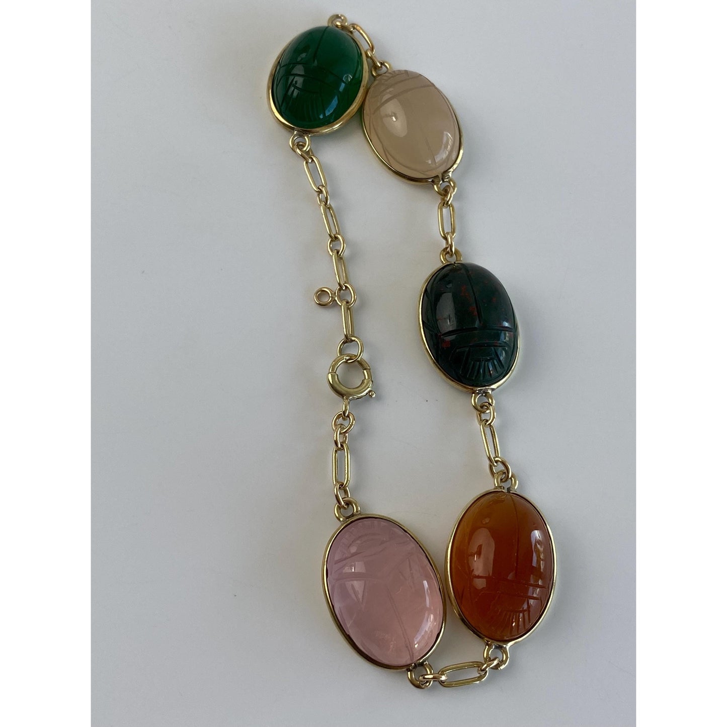 Vintage Solid 14k Yellow Gold Rose Quartz Bloodstone Carnelian Green Onyx Carved Scarab Link Bracelet - 8 inches