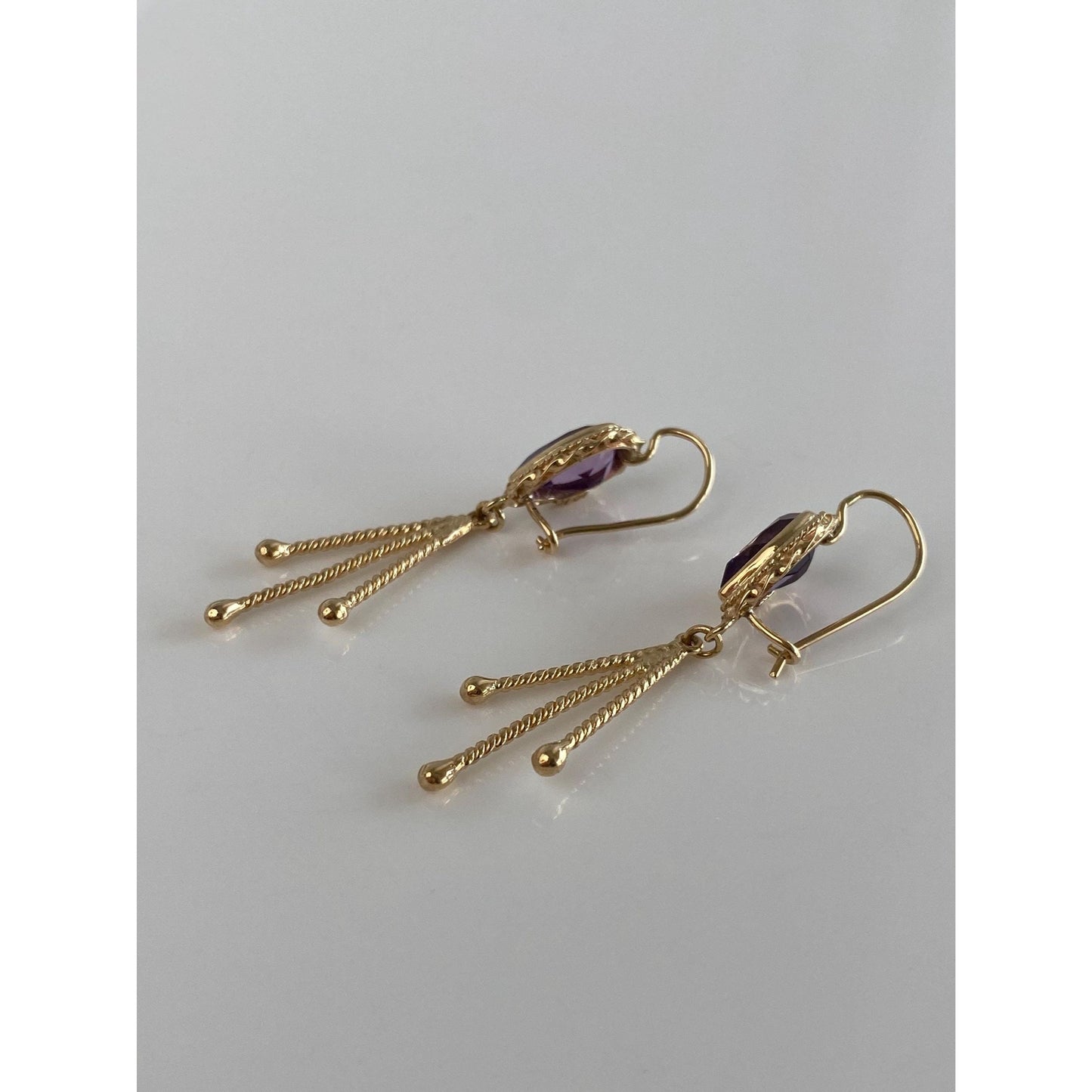 Vintage Solid 14k Yellow Gold Amethyst Dangle Earrings