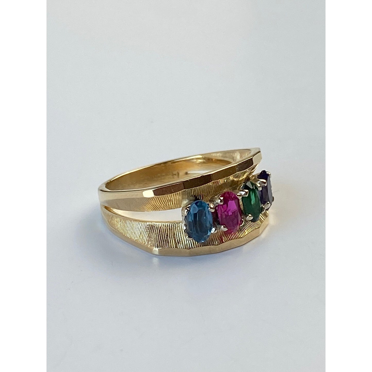 Solid 14k Yellow Gold Amethyst Emerald Sapphire Topaz Ring Band - Size 6.5